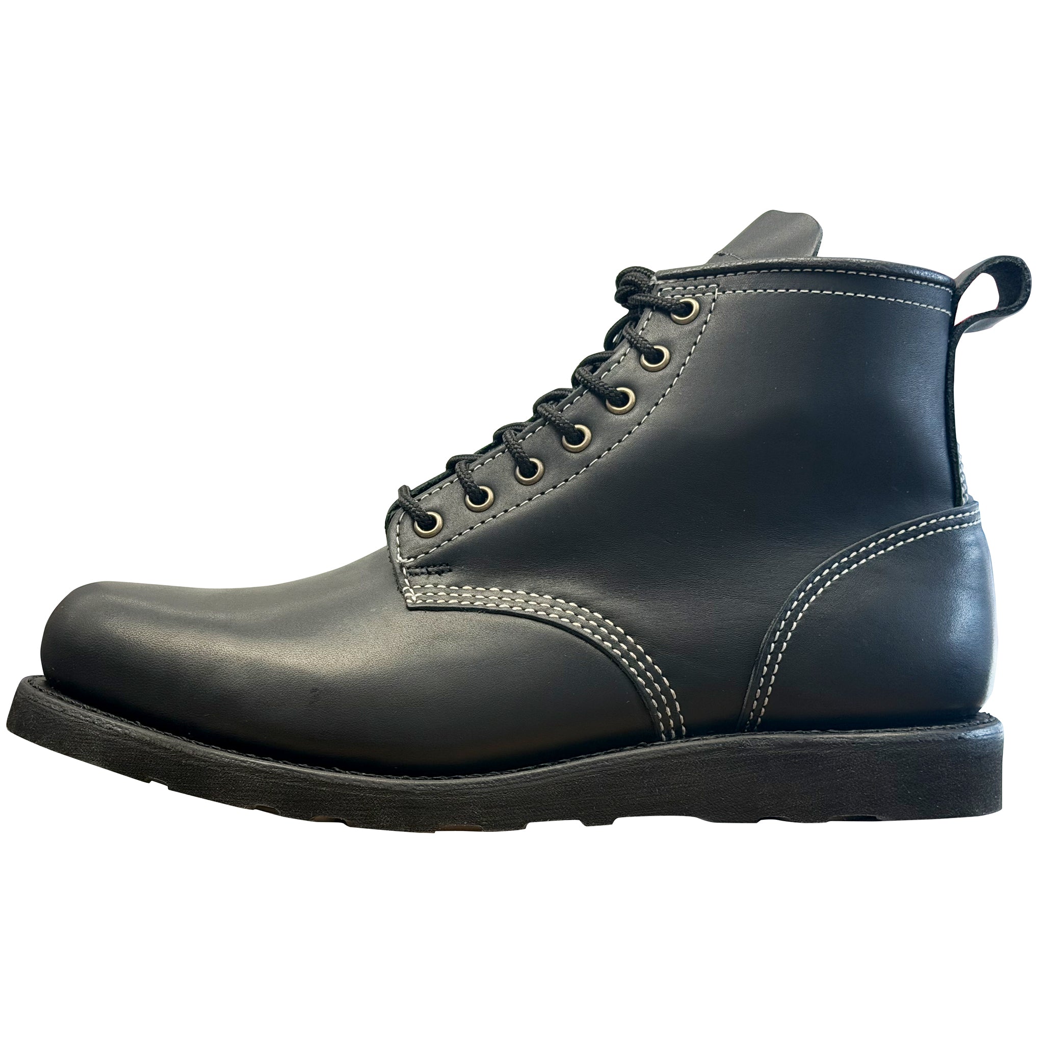 Black leather boot with lace-up design on a white background