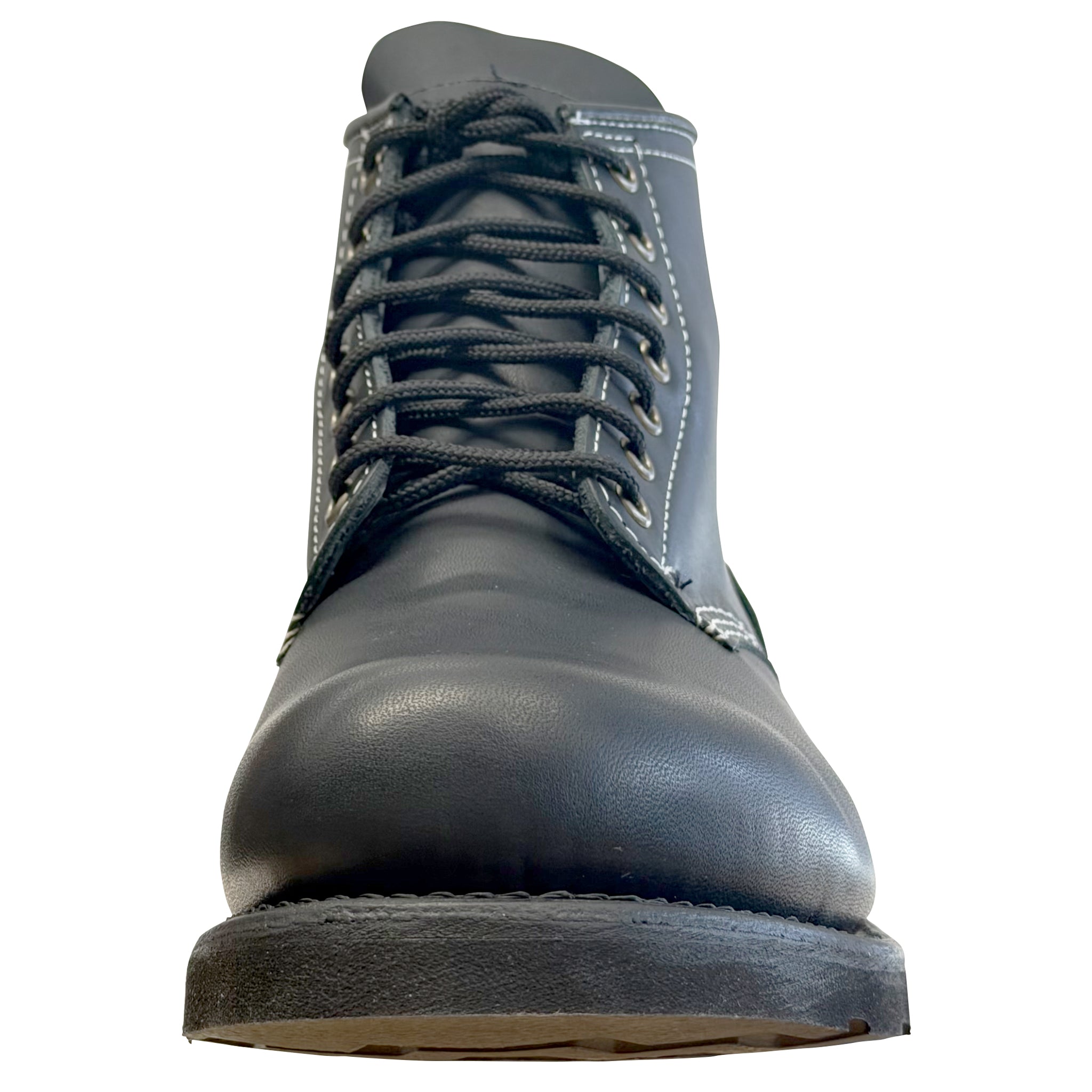 Black leather boot with laces on a white background