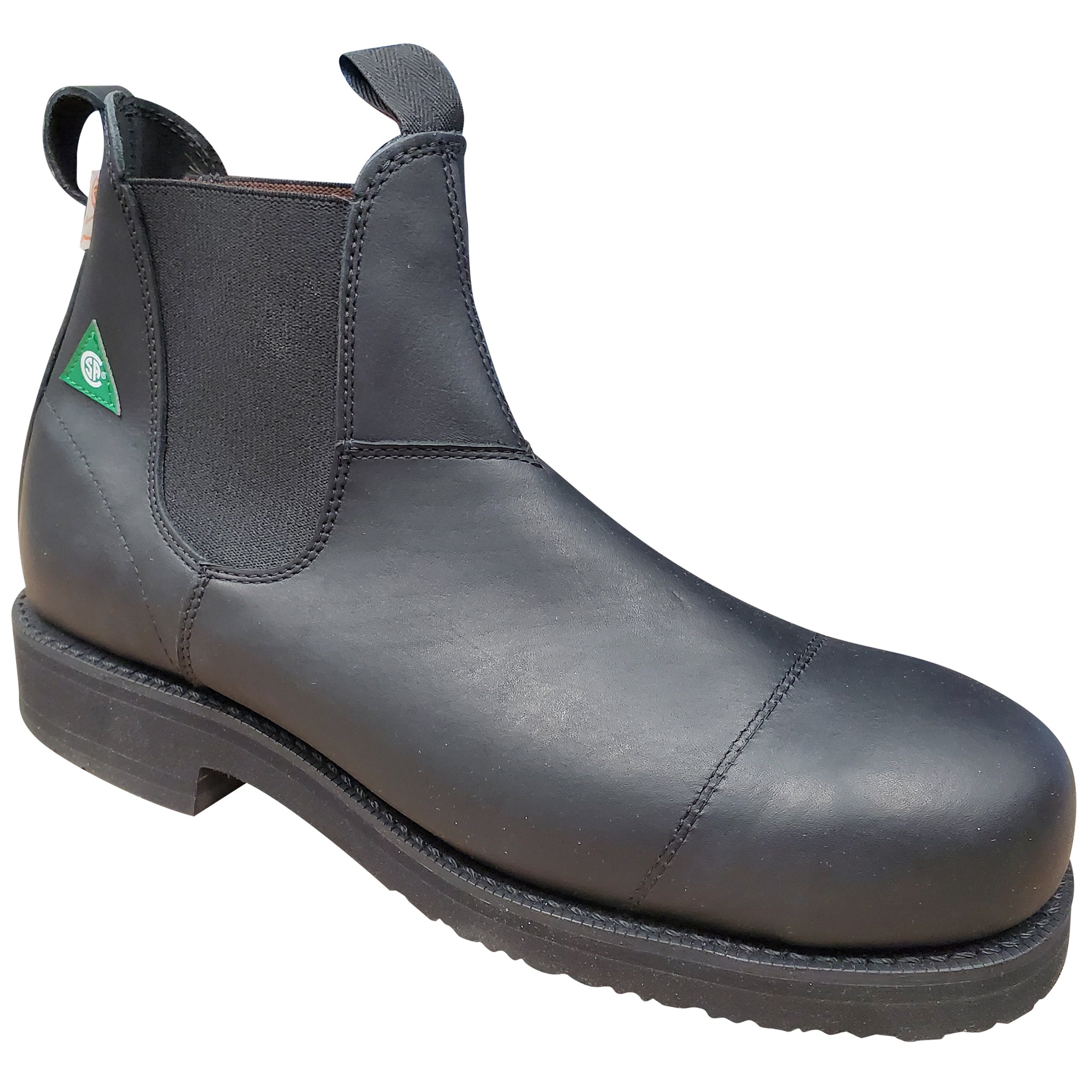 Black leather boot with a green triangle logo on a white background