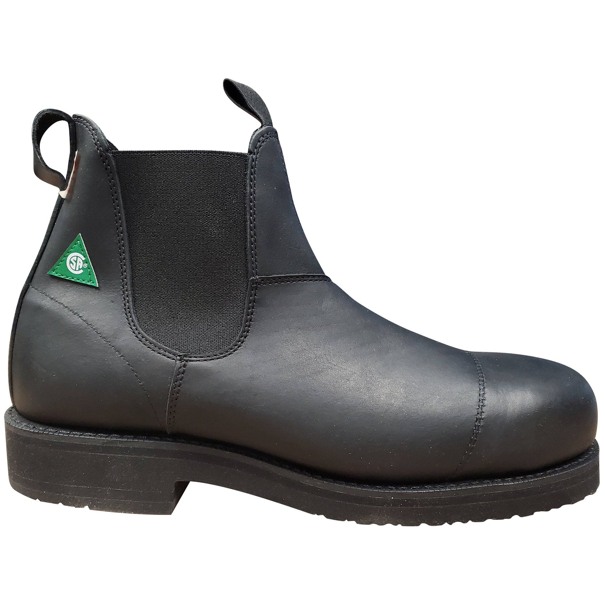Black leather boot with a green triangle logo on a white background