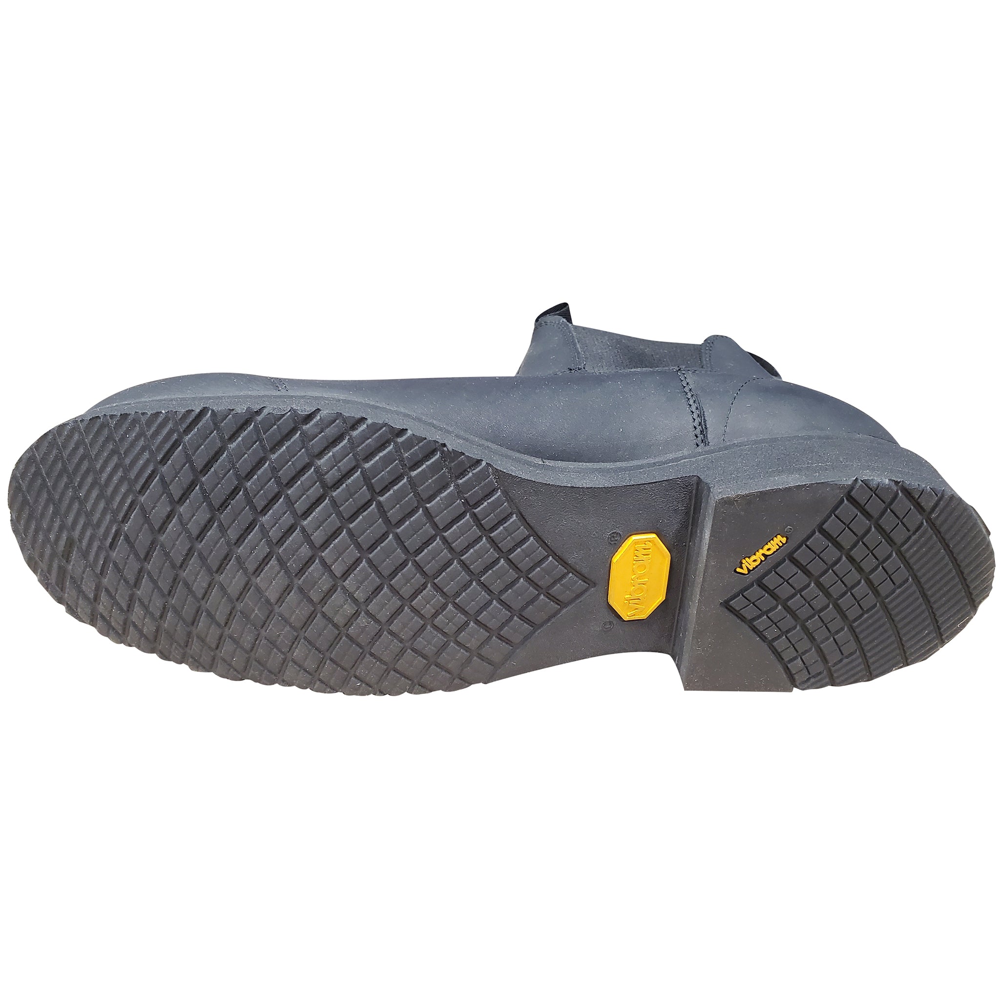 Gray slip-on shoe with a textured sole and yellow brand logo on a white background