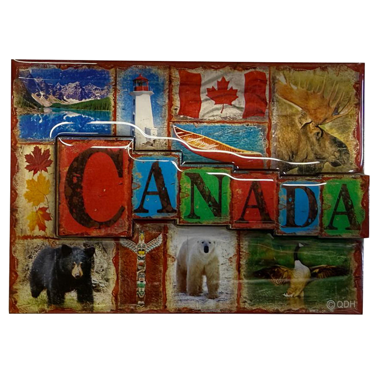 Decorative sign with 'CANADA' in colorful letters, featuring a lighthouse, flag, animals, and landscapes.