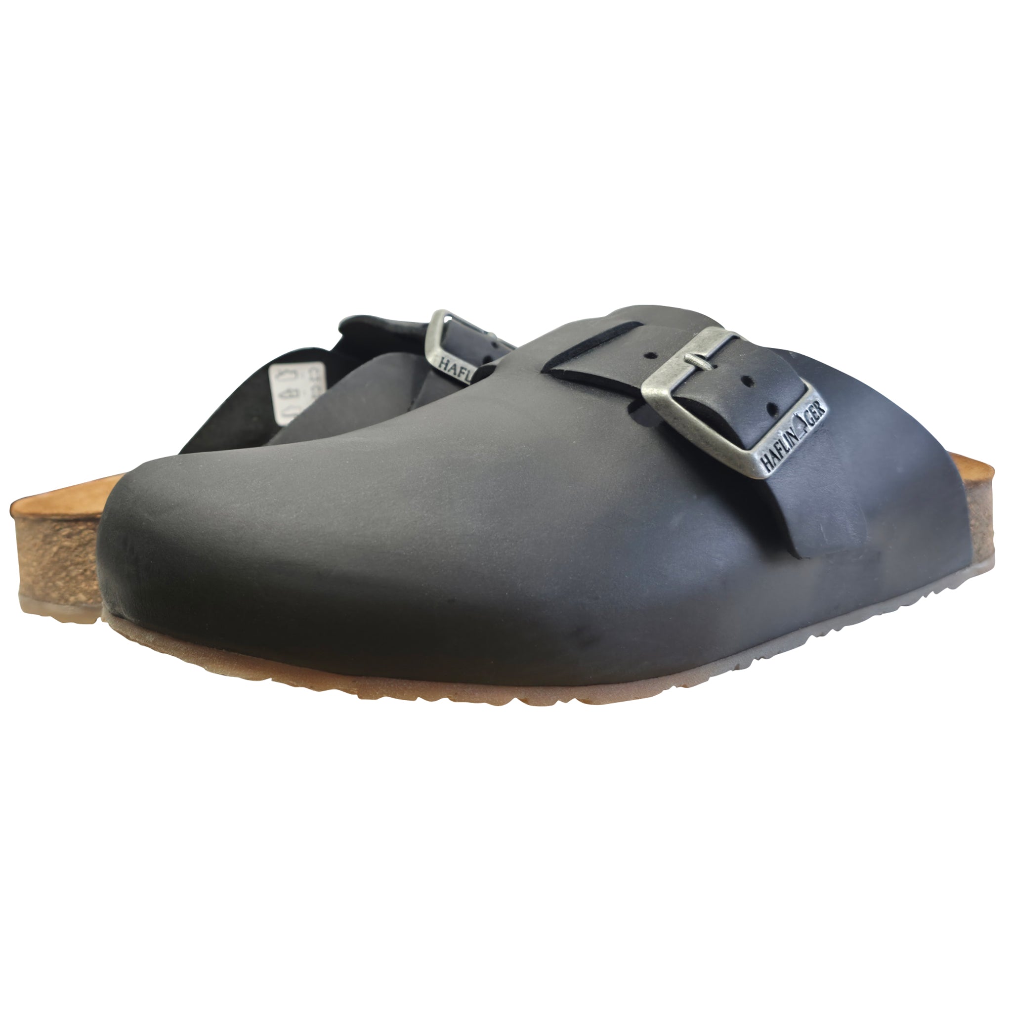 Black clog shoe with wooden sole on a white background