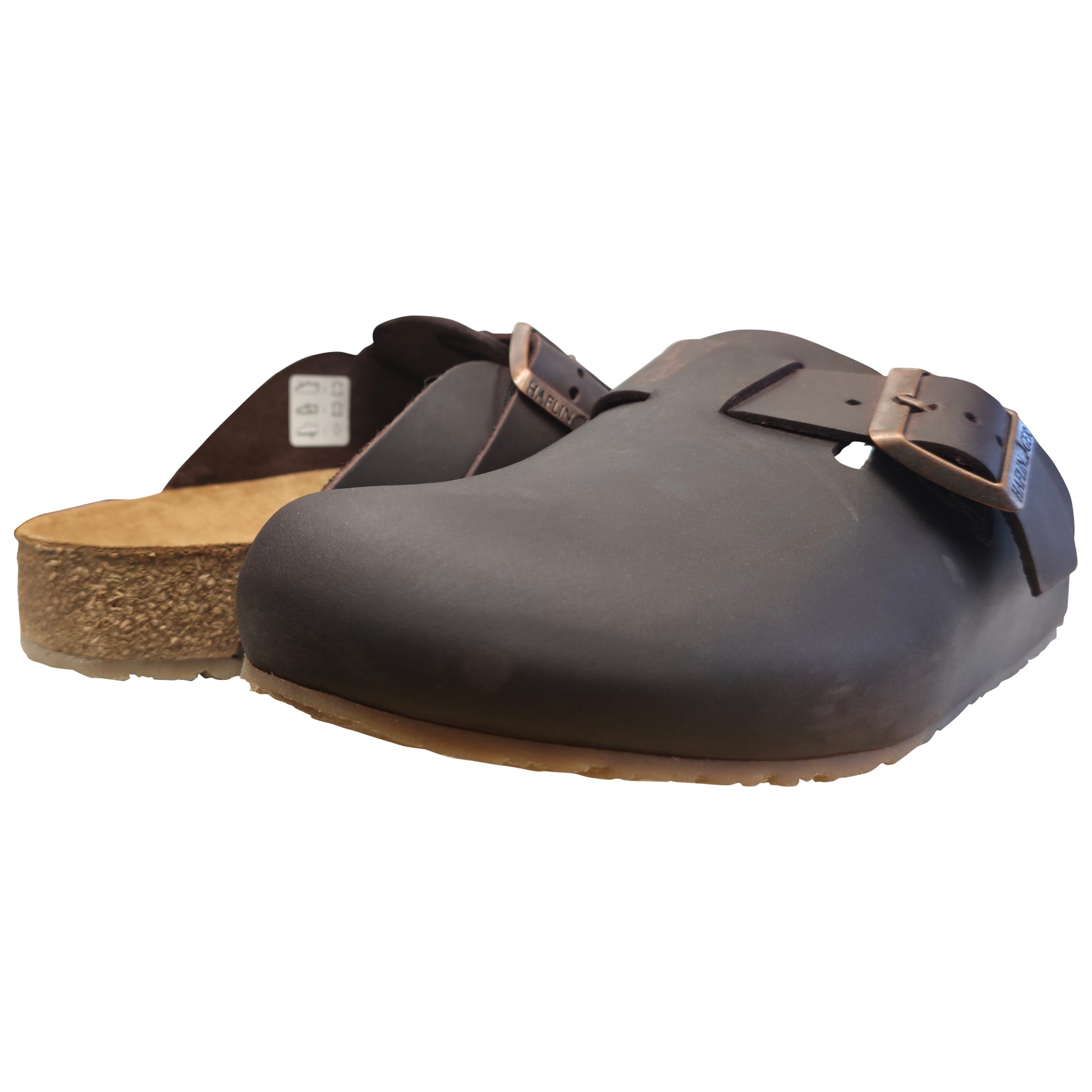 Brown leather clog shoe on a white background