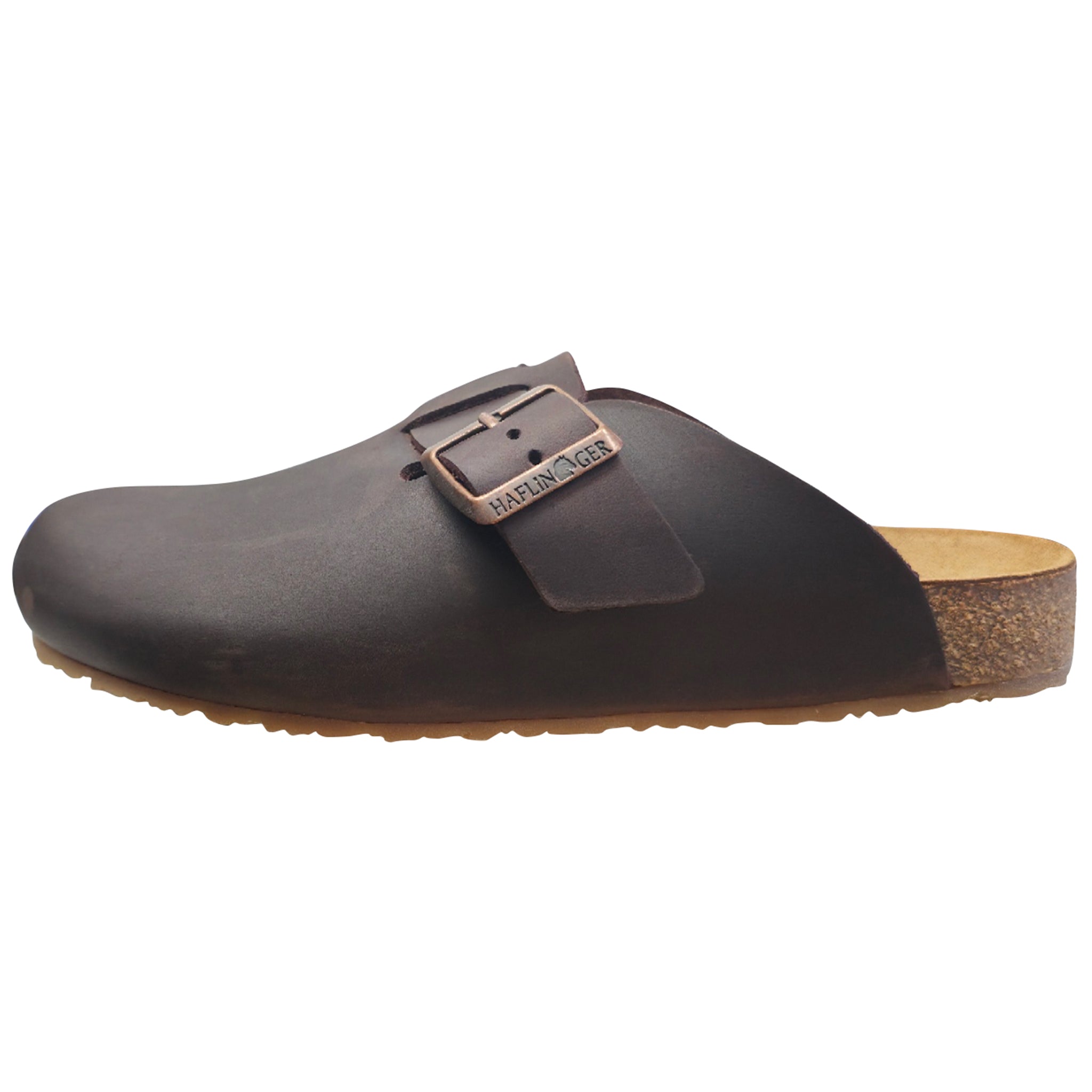 Brown leather clog shoe with a buckle on a white background
