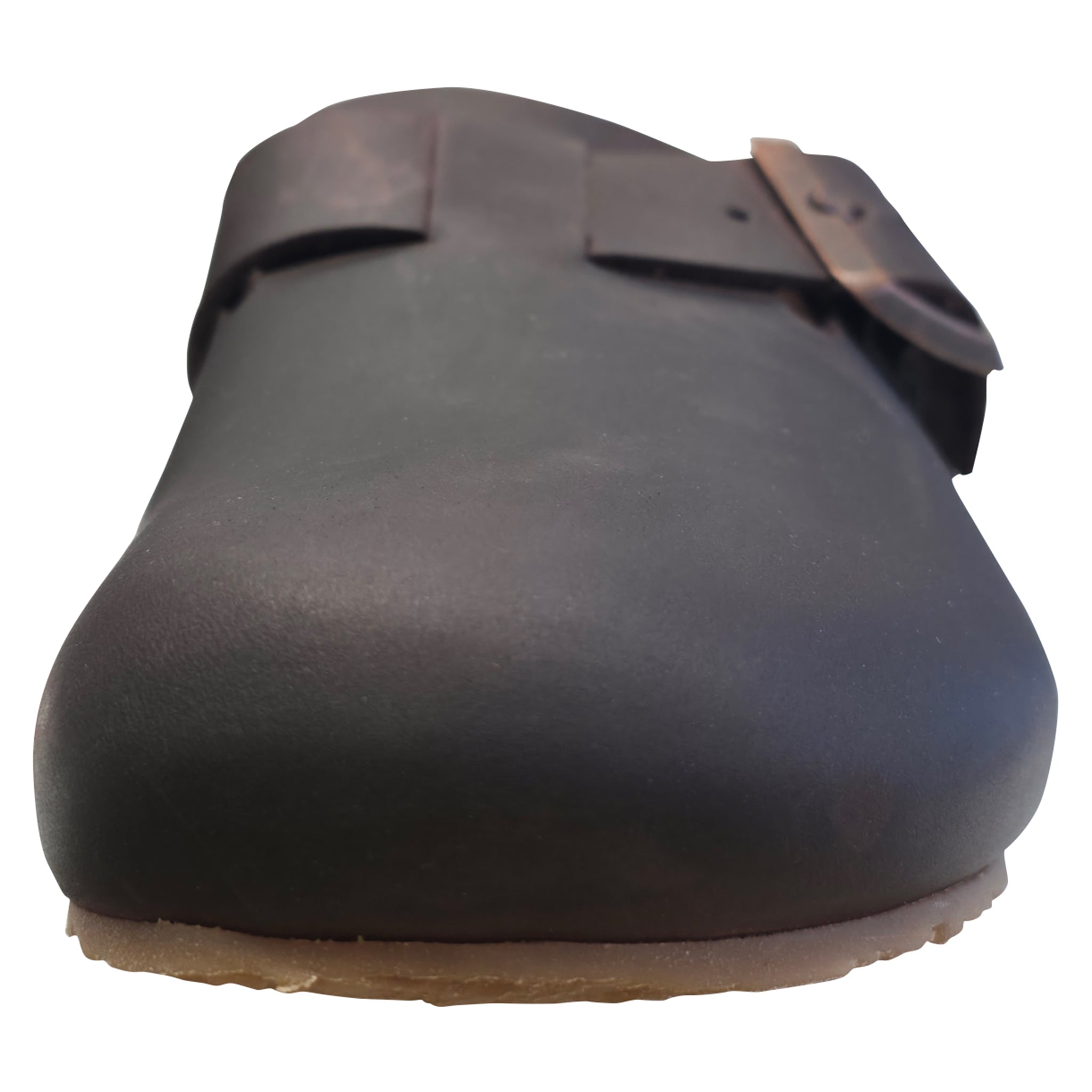 Brown leather clog shoe on a white background