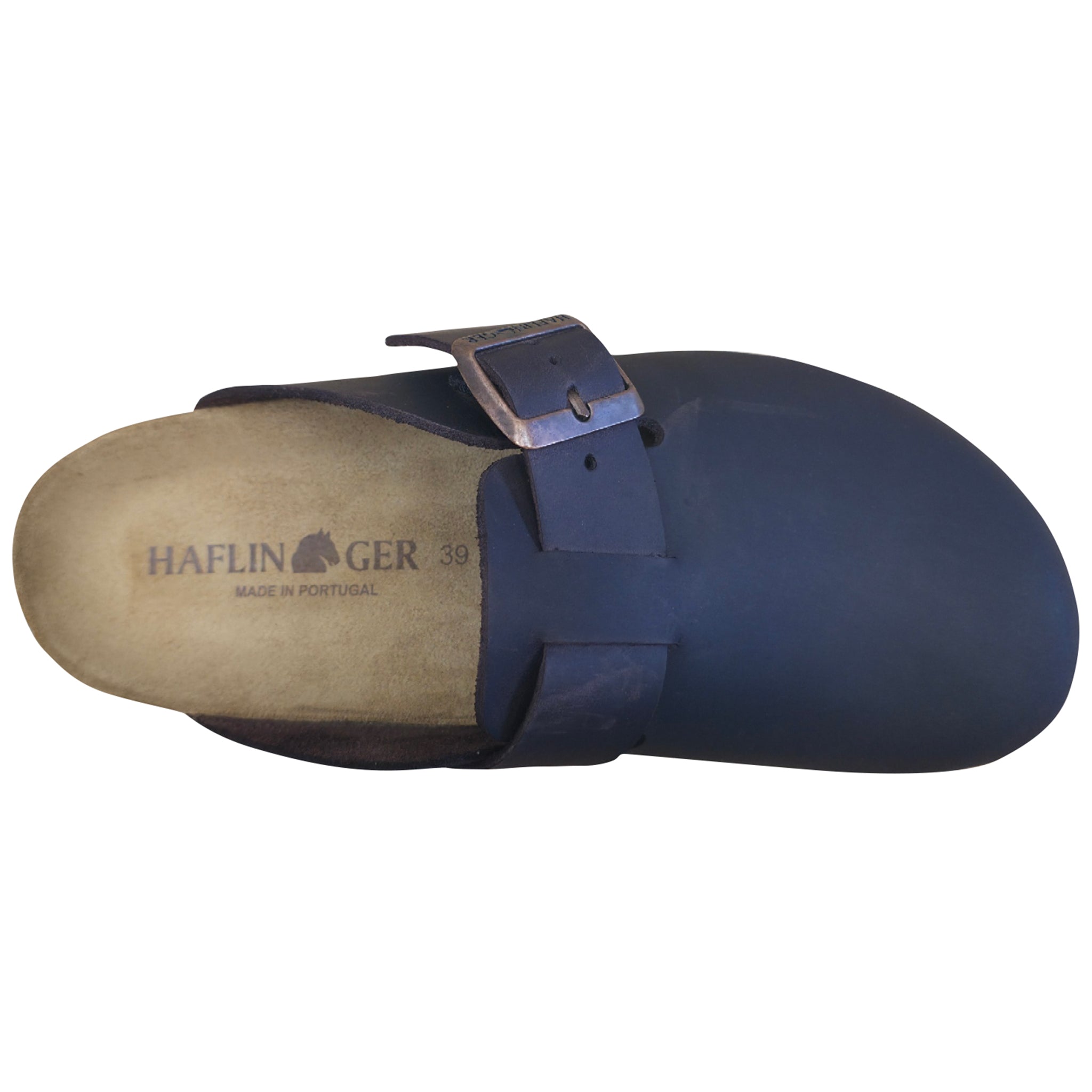 Blue clog shoe with a visible brand logo on a white background