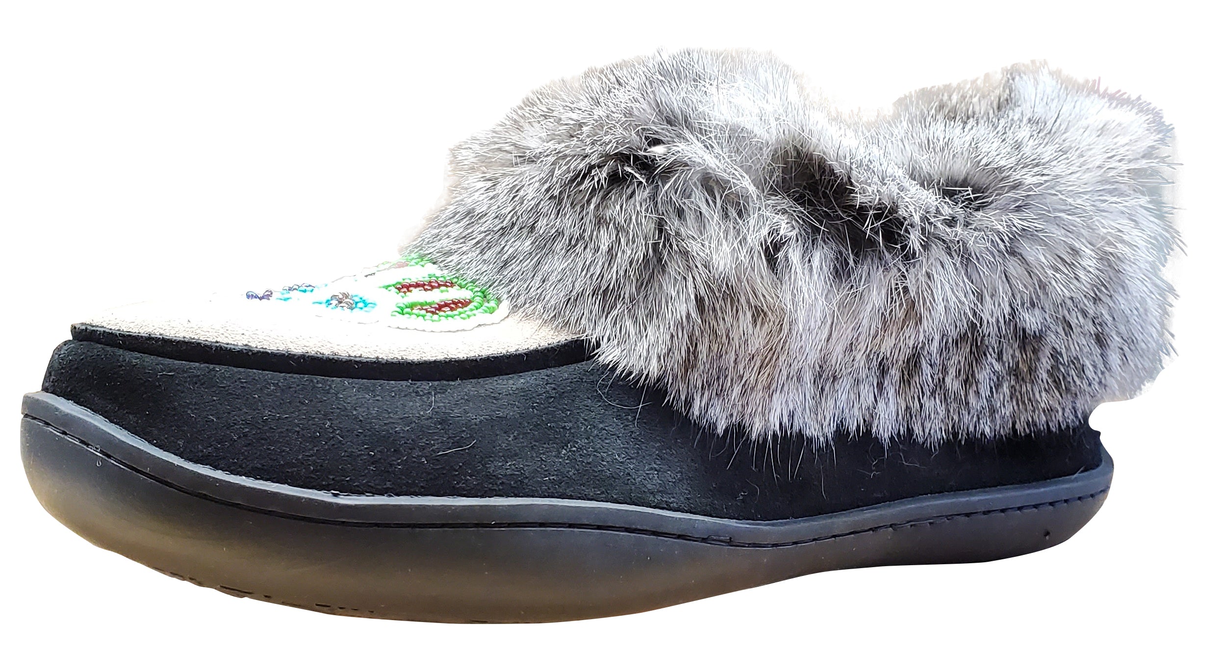 Women's Suede Slipper, lined, rubber, Chinchilla Rabbit, Black