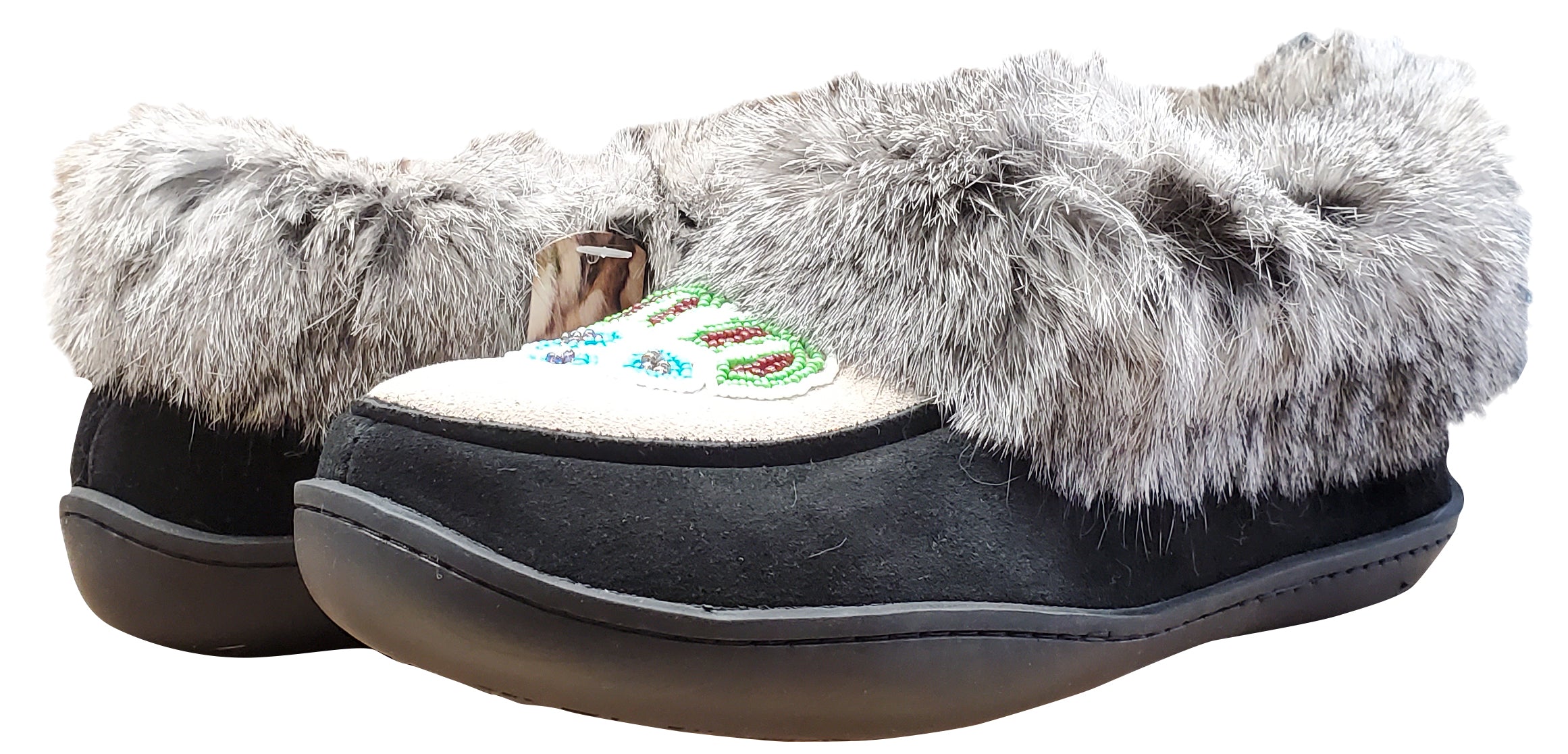 Women's Suede Slipper, lined, rubber, Chinchilla Rabbit, Black