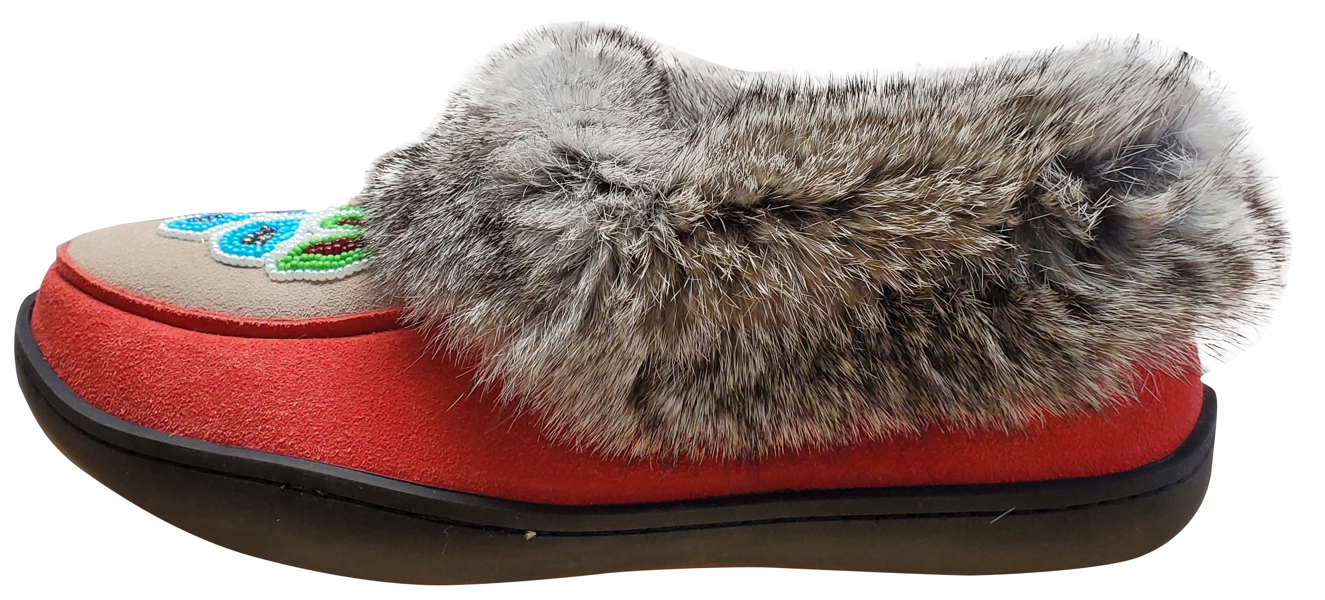 Women's Suede Slipper, lined, rubber, Chinchilla Rabbit, Red