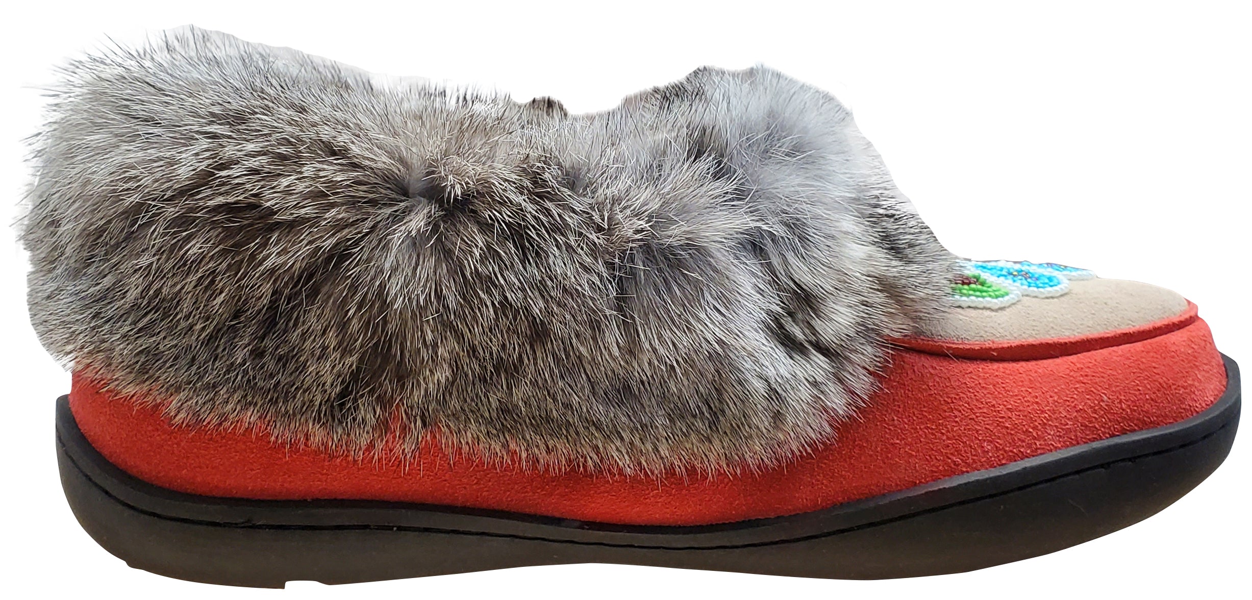 Women's Suede Slipper, lined, rubber, Chinchilla Rabbit, Red