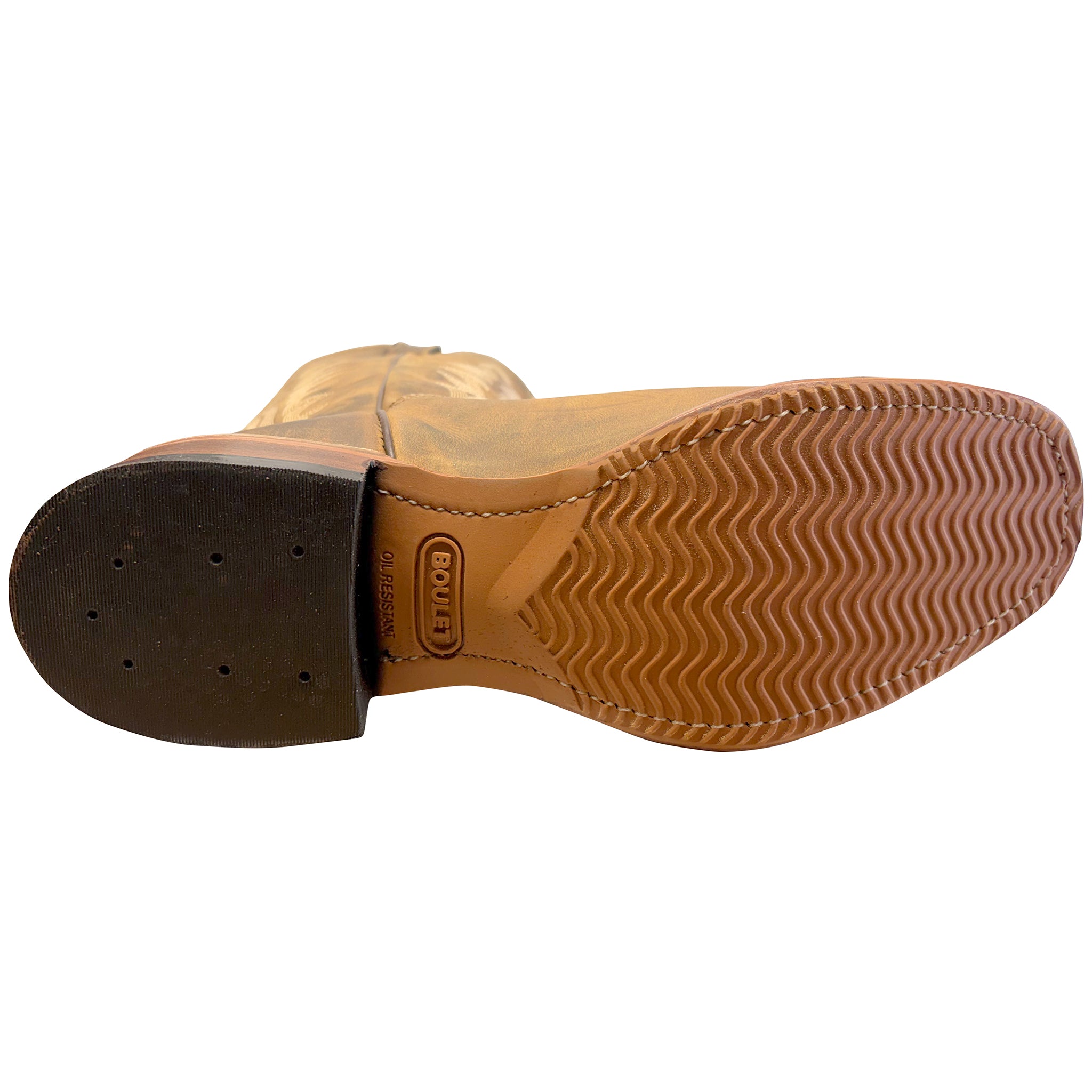 Close-up of a brown boot sole with tread pattern on a white background