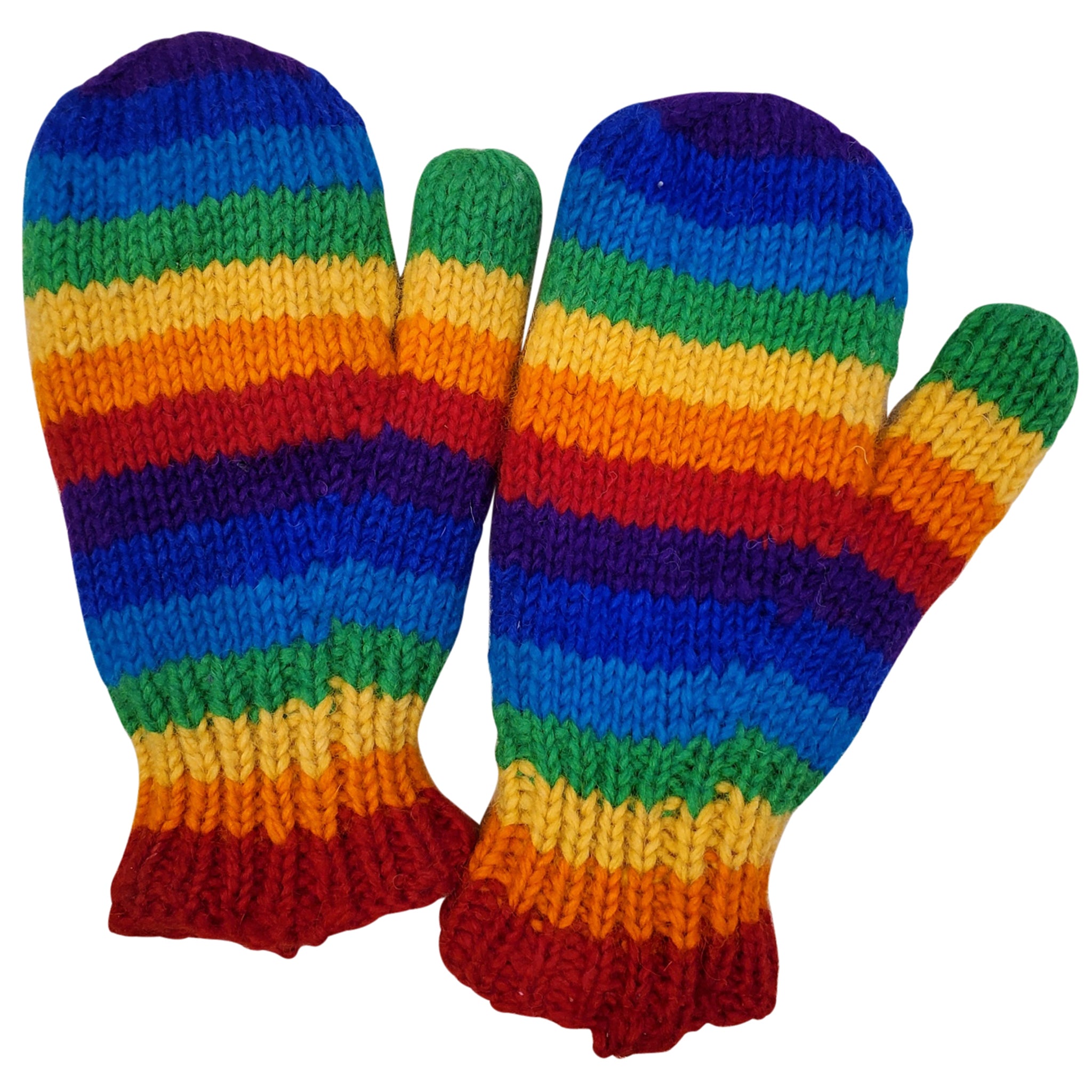 Pair of colorful striped mittens on a white background