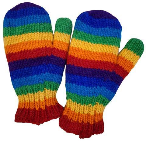Wool Mittens Hand Knit, Fleece Lined, Rainbow