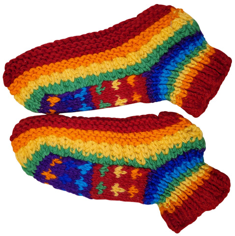 Wool Ankle Slippers Hand Knit, Fleece Lined, Rainbow