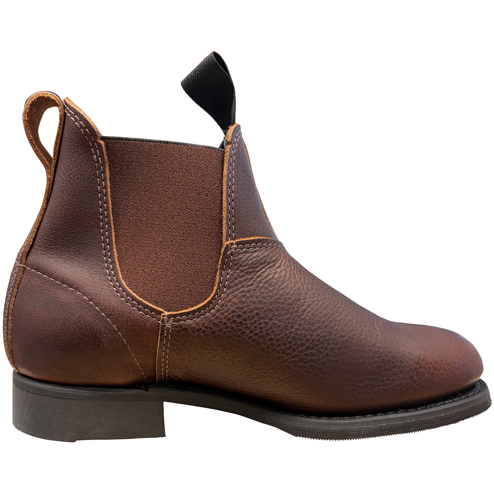 Brown leather boot with a black sole on a white background