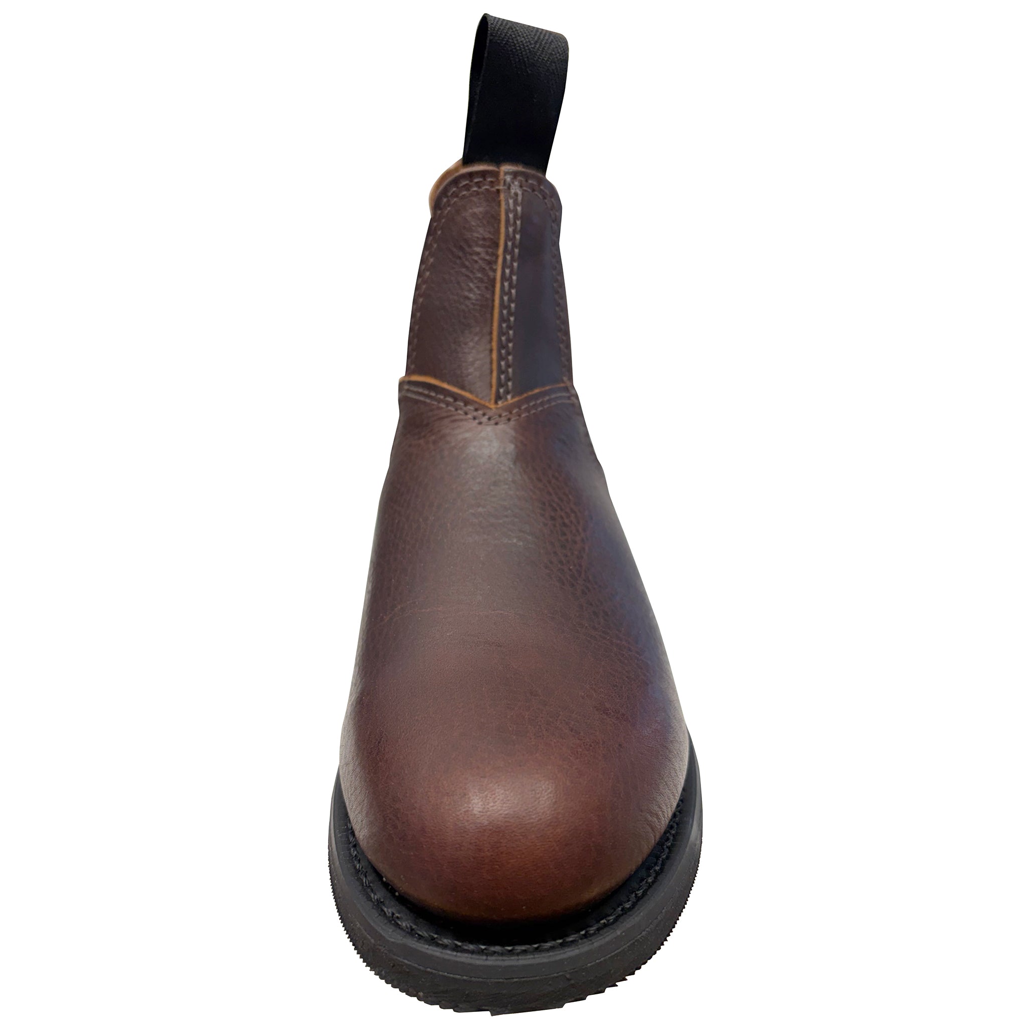 Brown leather boot with a black sole on a white background