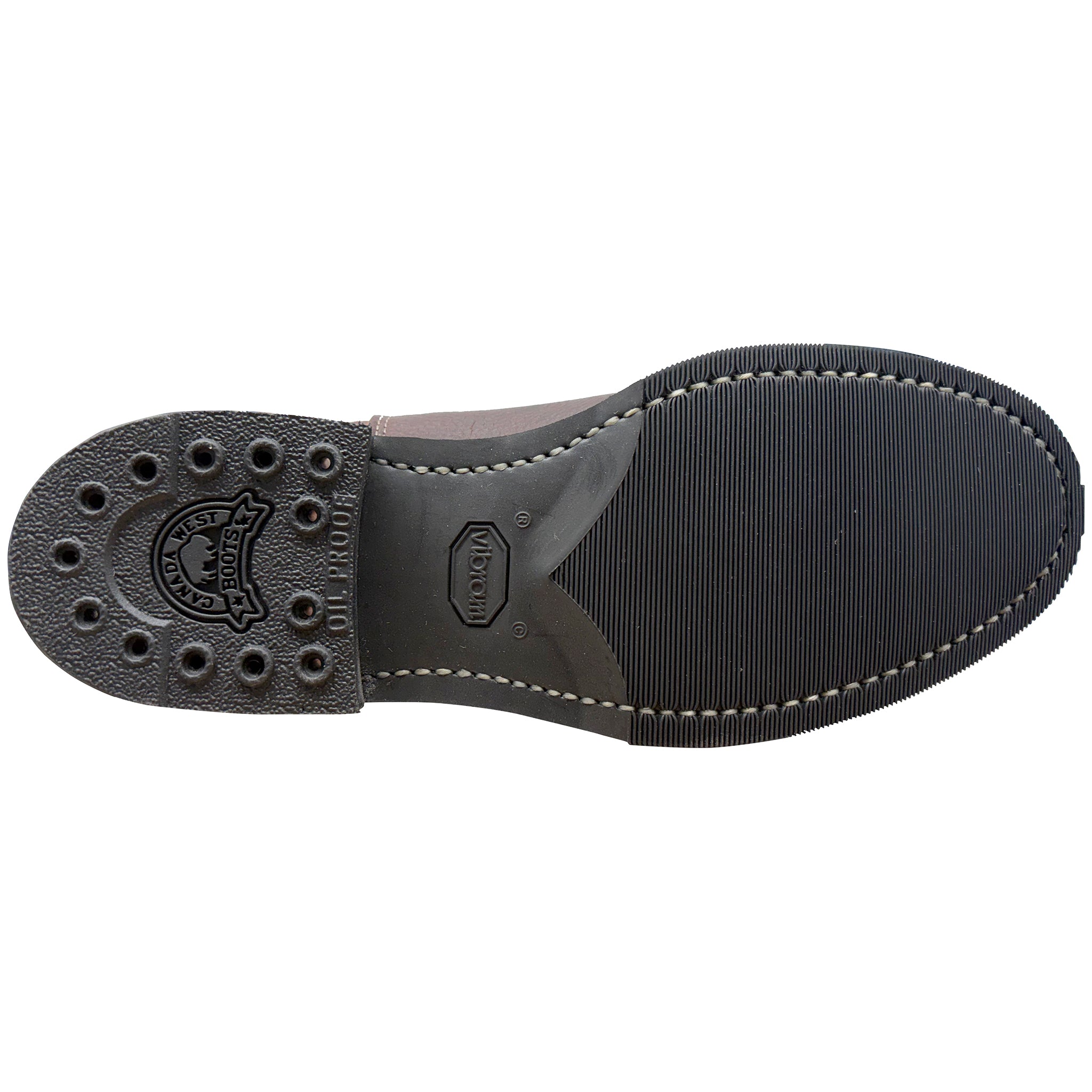 Close-up of a shoe sole with tread pattern and brand logo on a white background