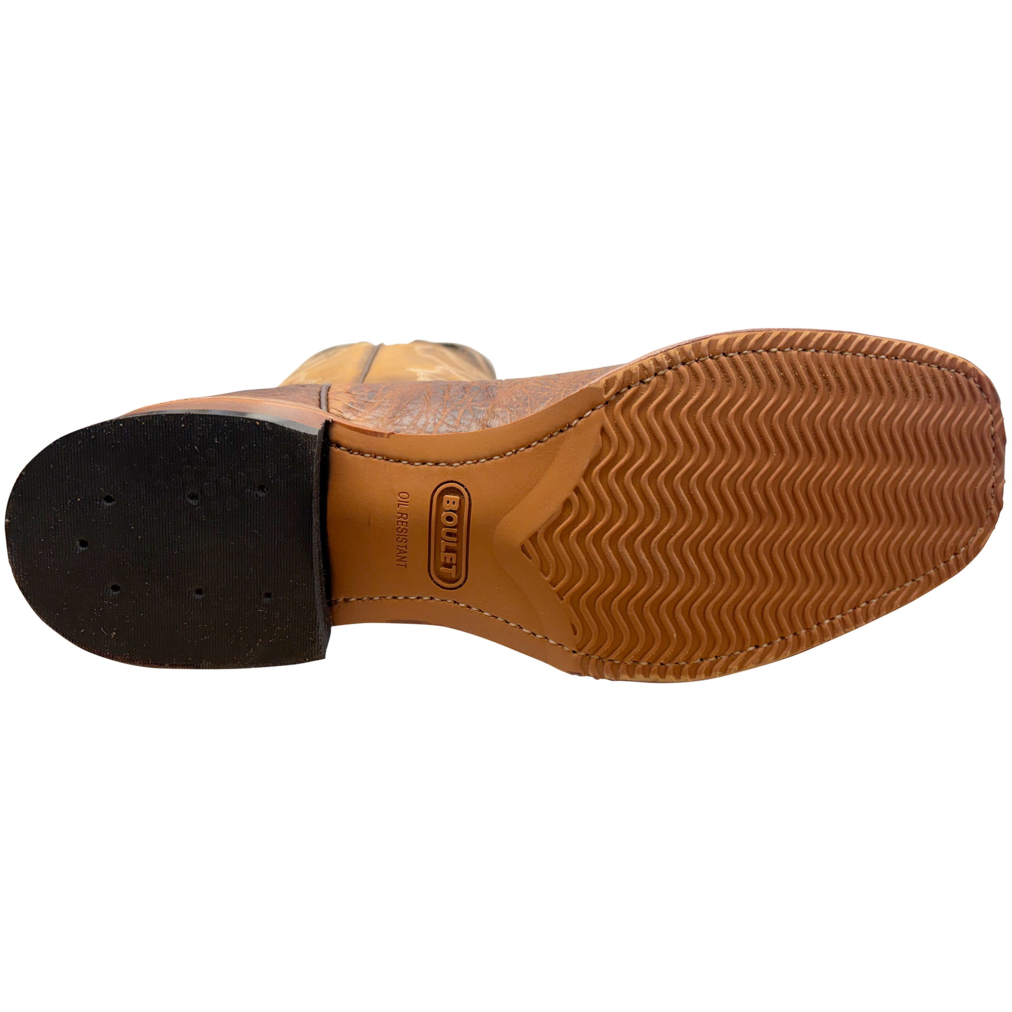 Close-up of a brown leather shoe sole with a visible brand logo on a white background