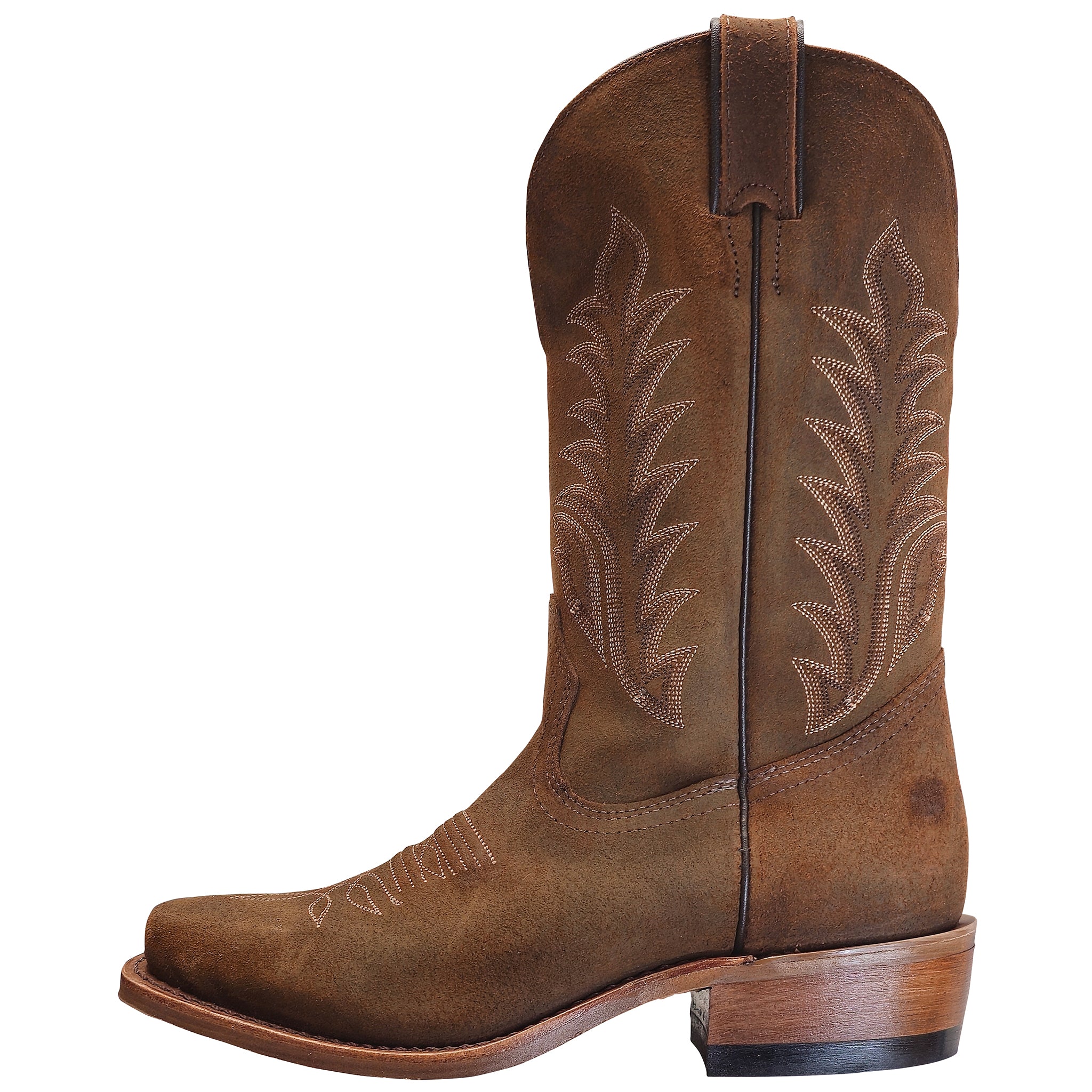 Brown cowboy boot with intricate stitching on a white background