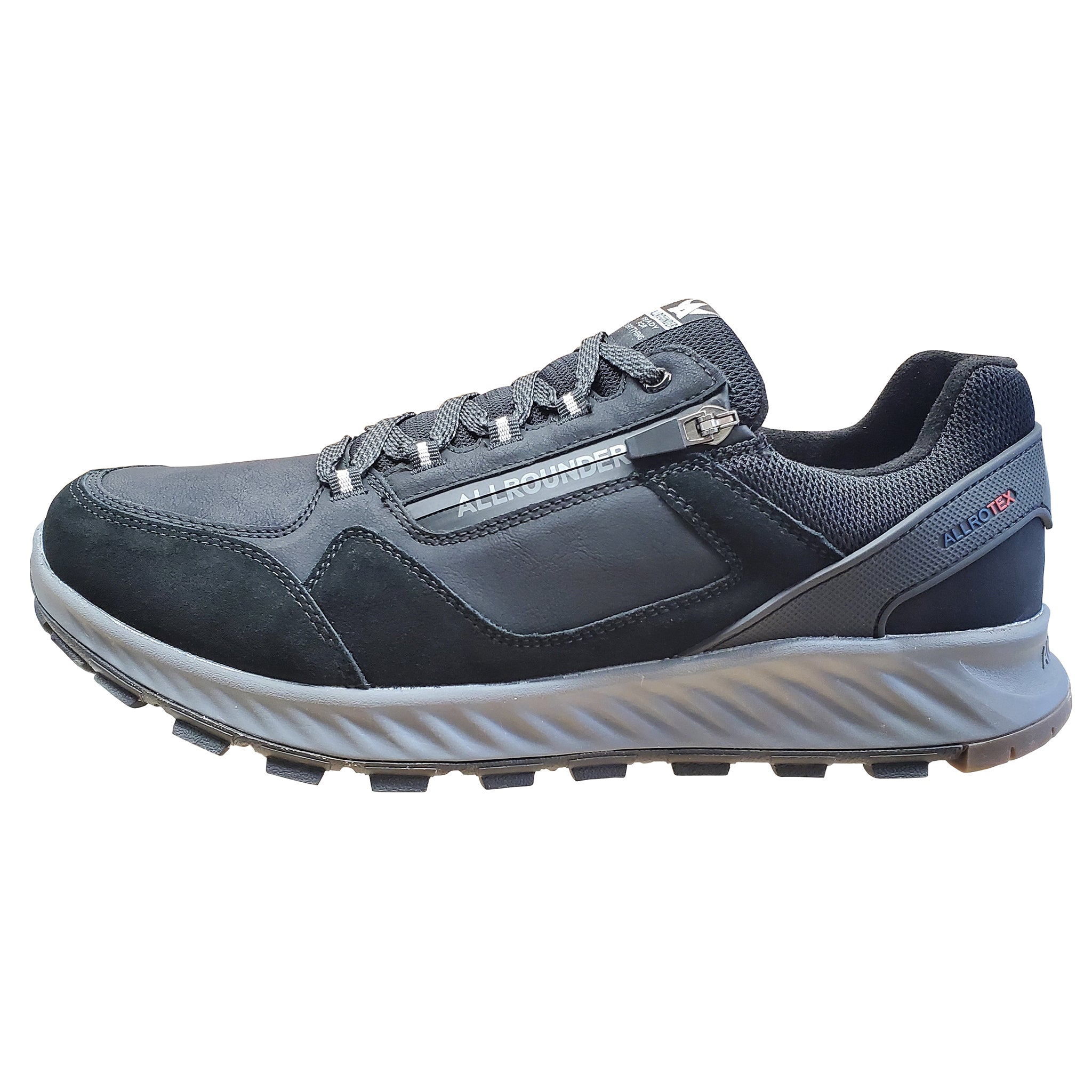Gray and blue hiking shoe with brand logo on a white background