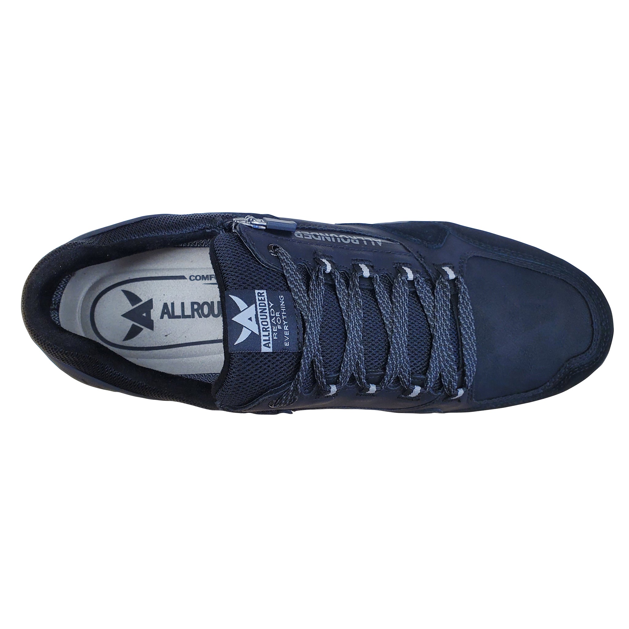 Navy blue sneaker with visible branding on a white background