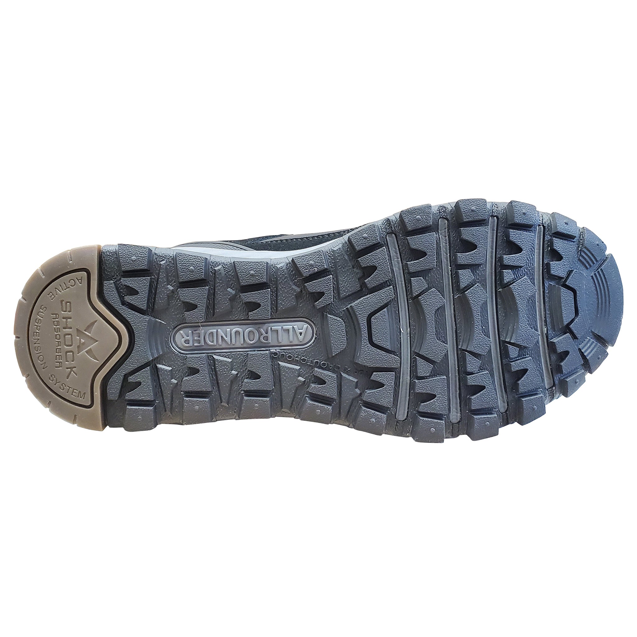Close-up of a hiking shoe sole with Allrounder branding on a white background