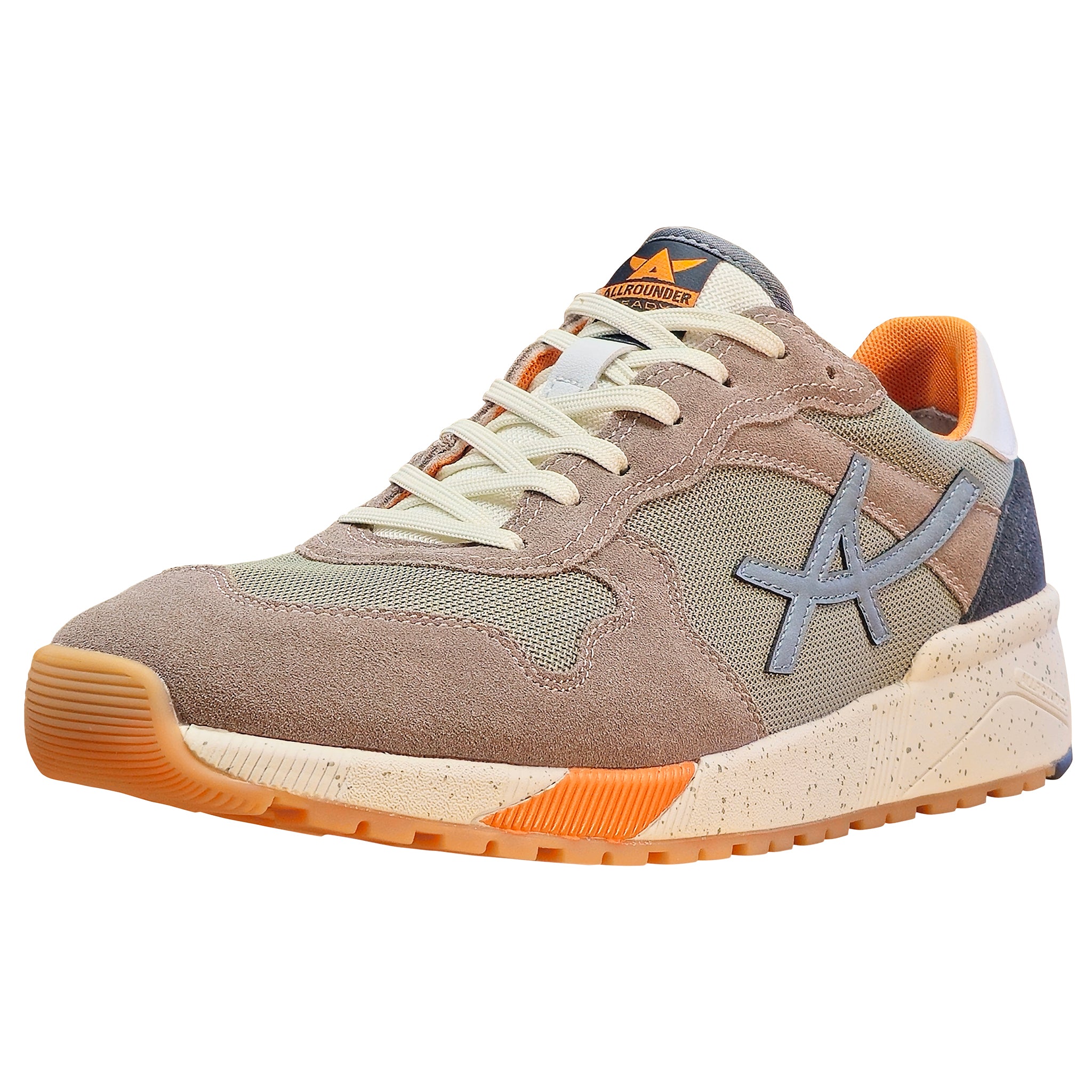 Sneaker with brown, orange, and gray color scheme on a white background