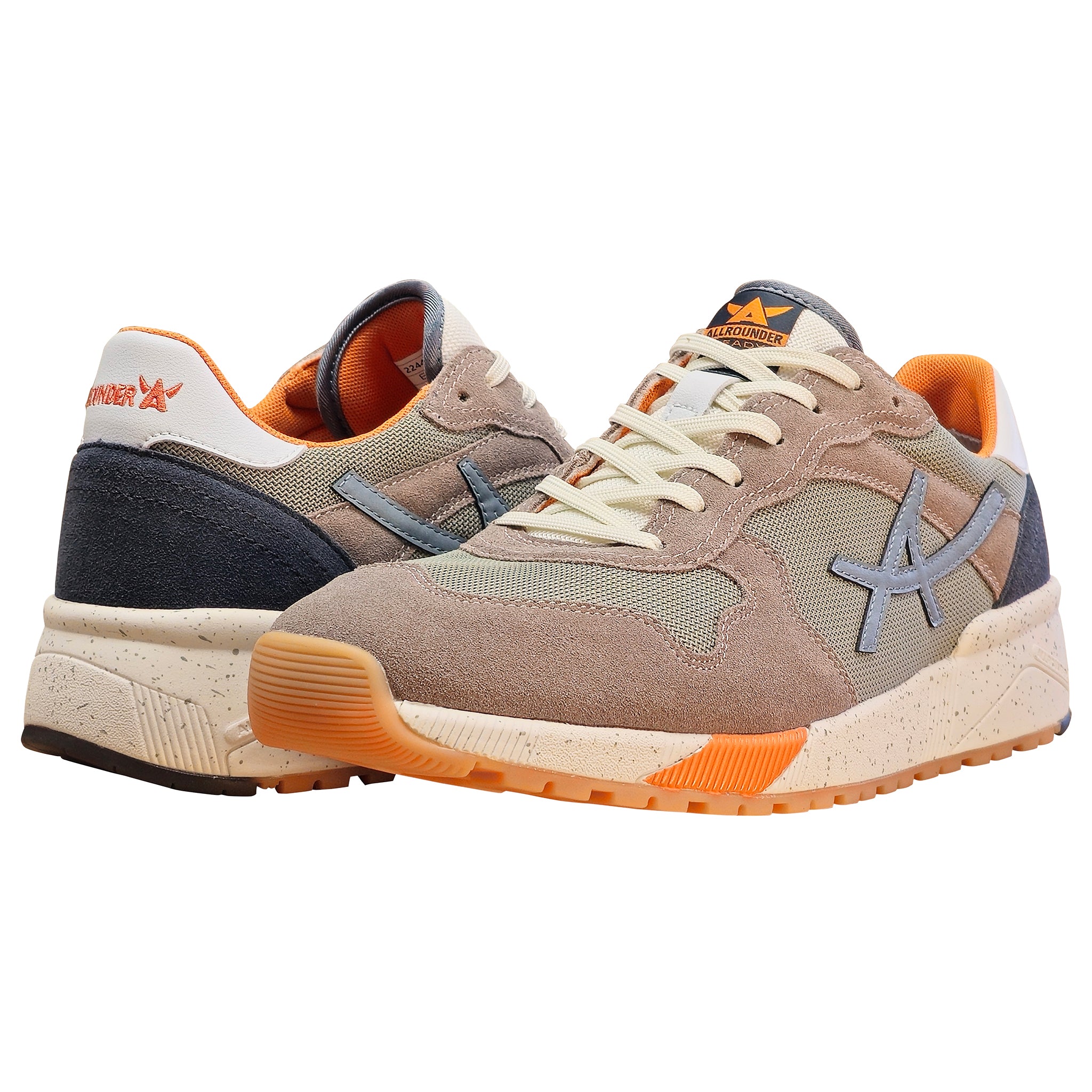 Pair of brown and orange sneakers with a star logo on a white background