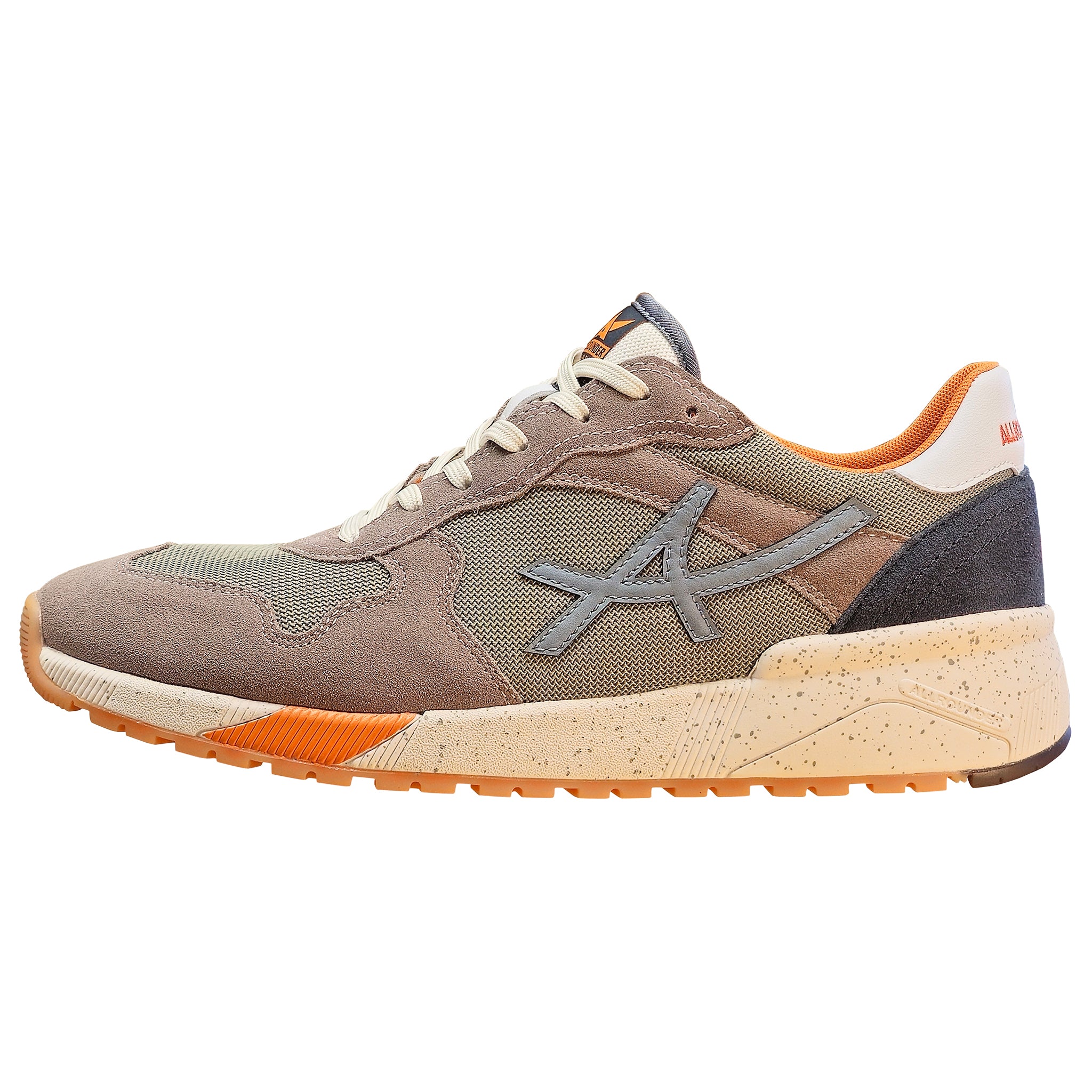 Brown sneaker with orange accents on a white background
