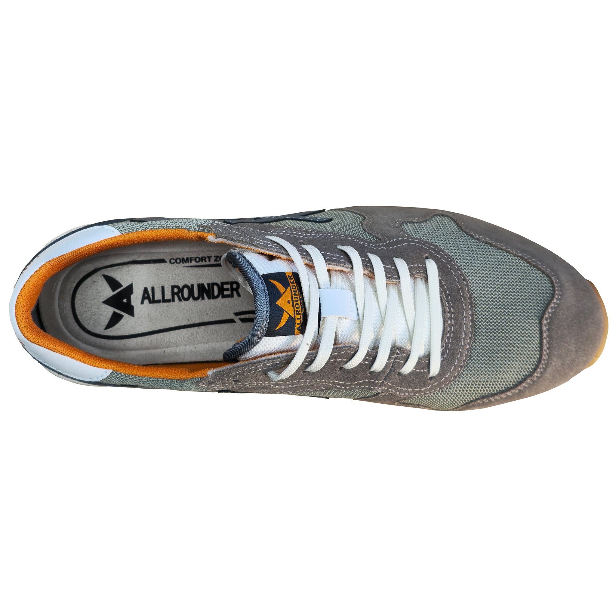 Gray sneaker with white laces and orange accents on a white background