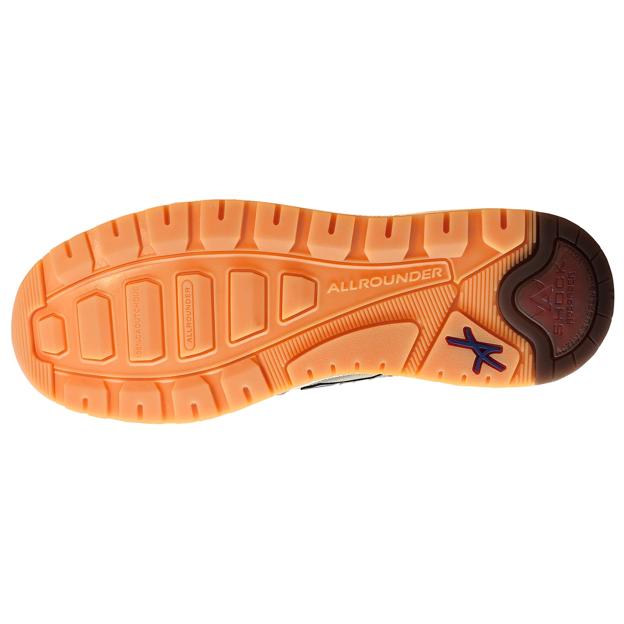 Orange sole of a shoe with 'Allrounder' branding on a white background