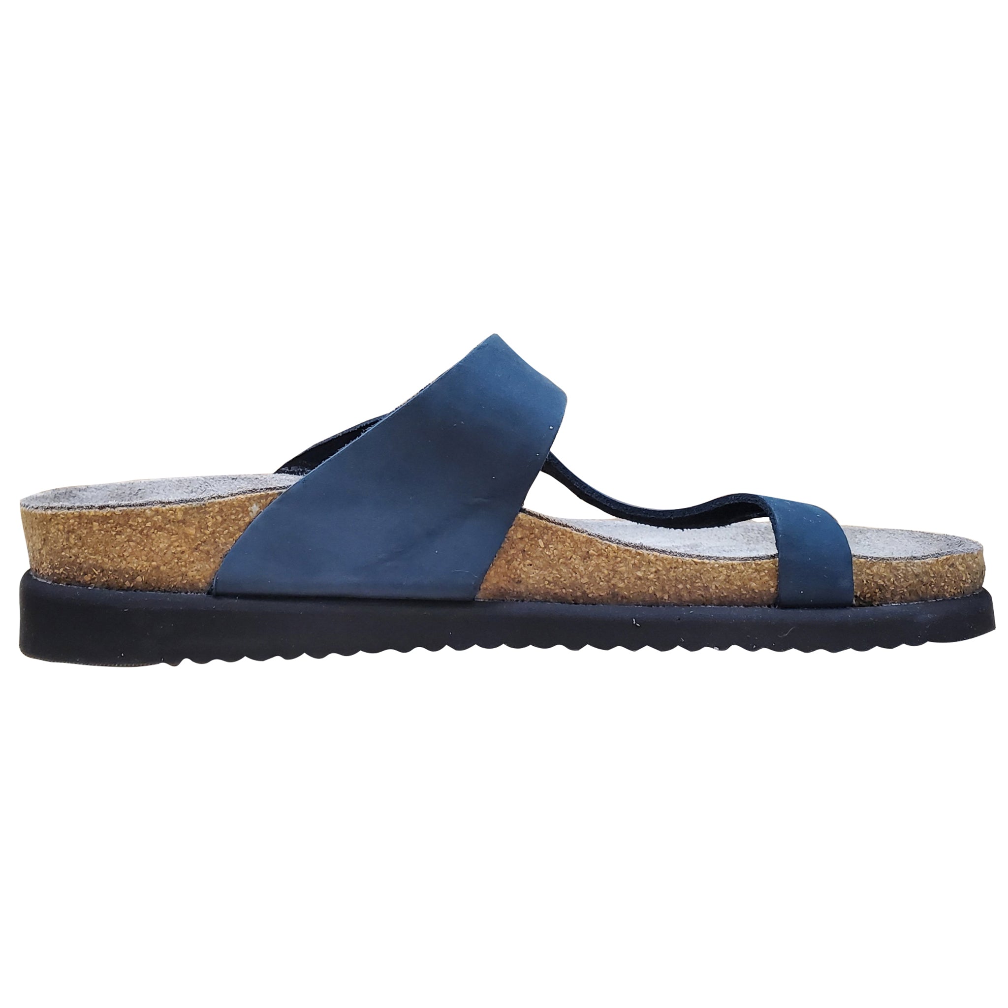 Navy sandal with cork insole on a white background