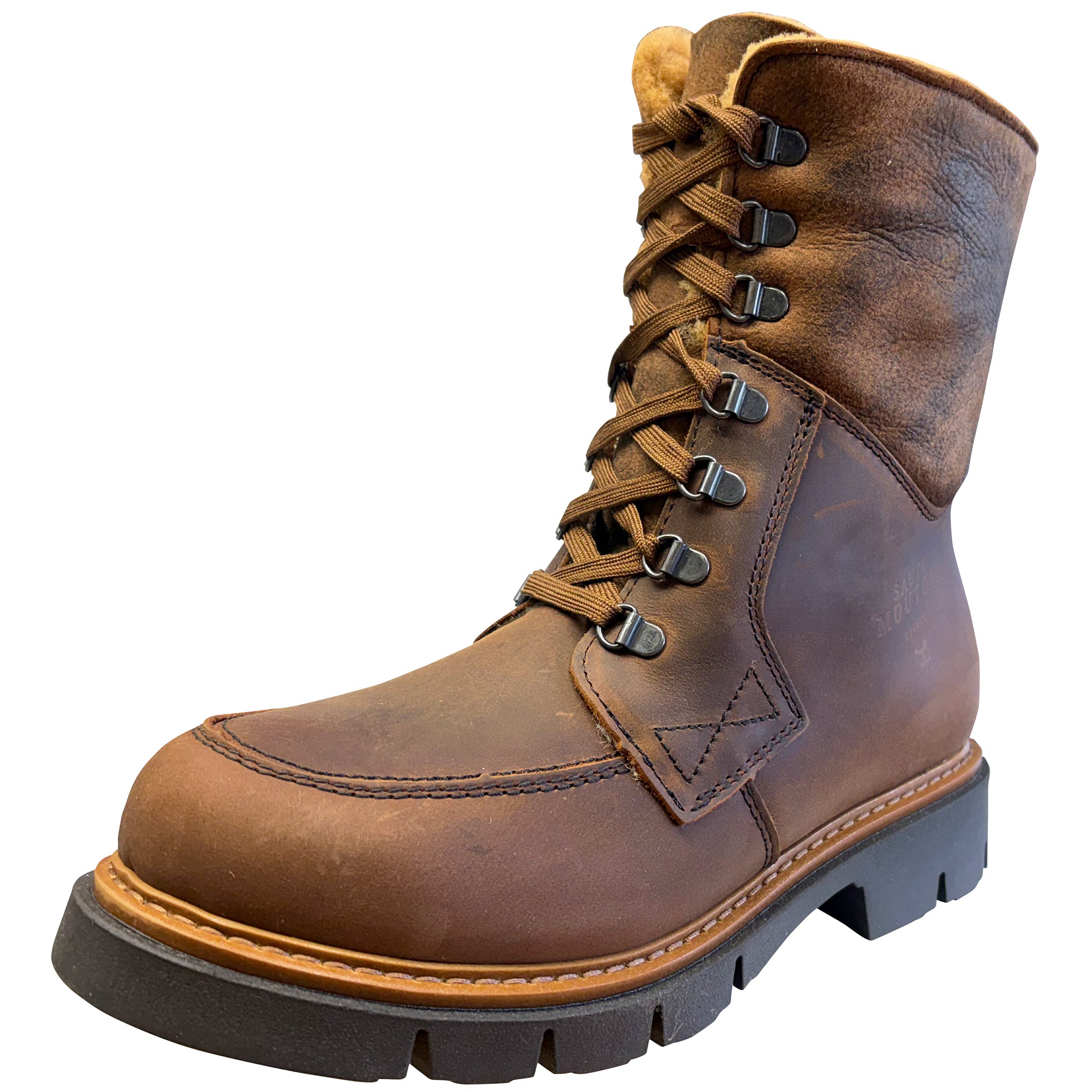 Brown leather boot with black sole on a white background