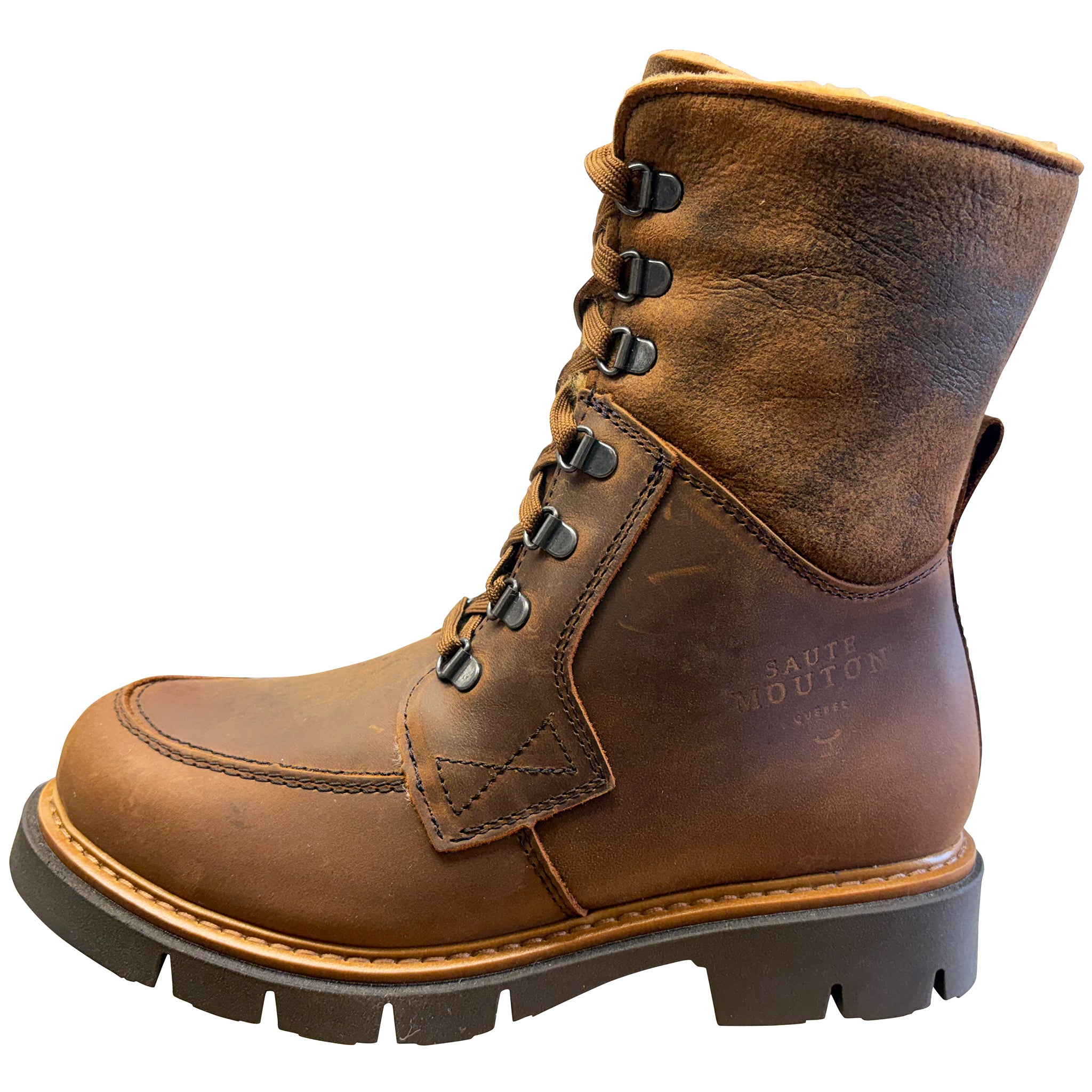 Brown leather boot with visible brand name on a white background