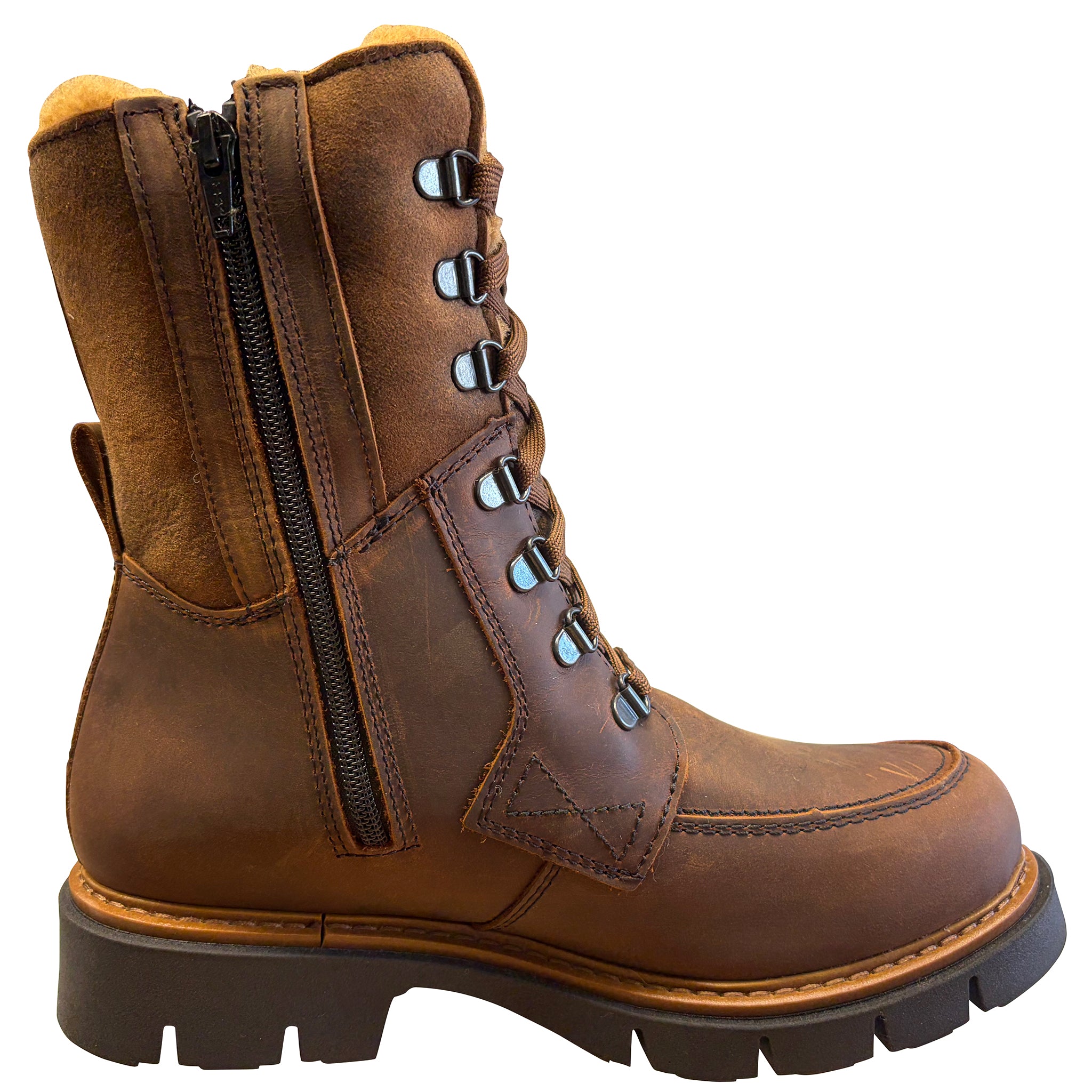 Brown leather boot with a zipper on a white background