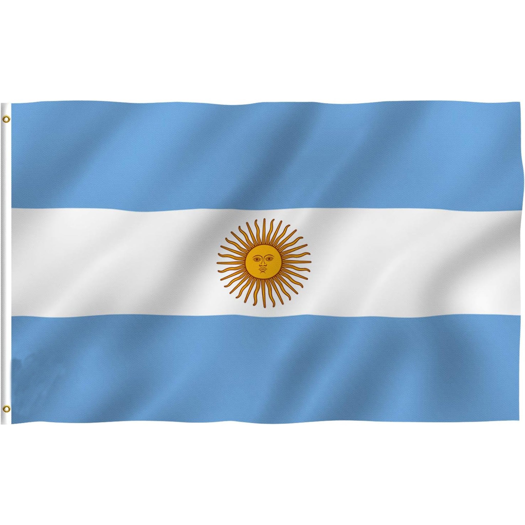 Flag of Argentina with a blue and white horizontal design and a yellow sun emblem.