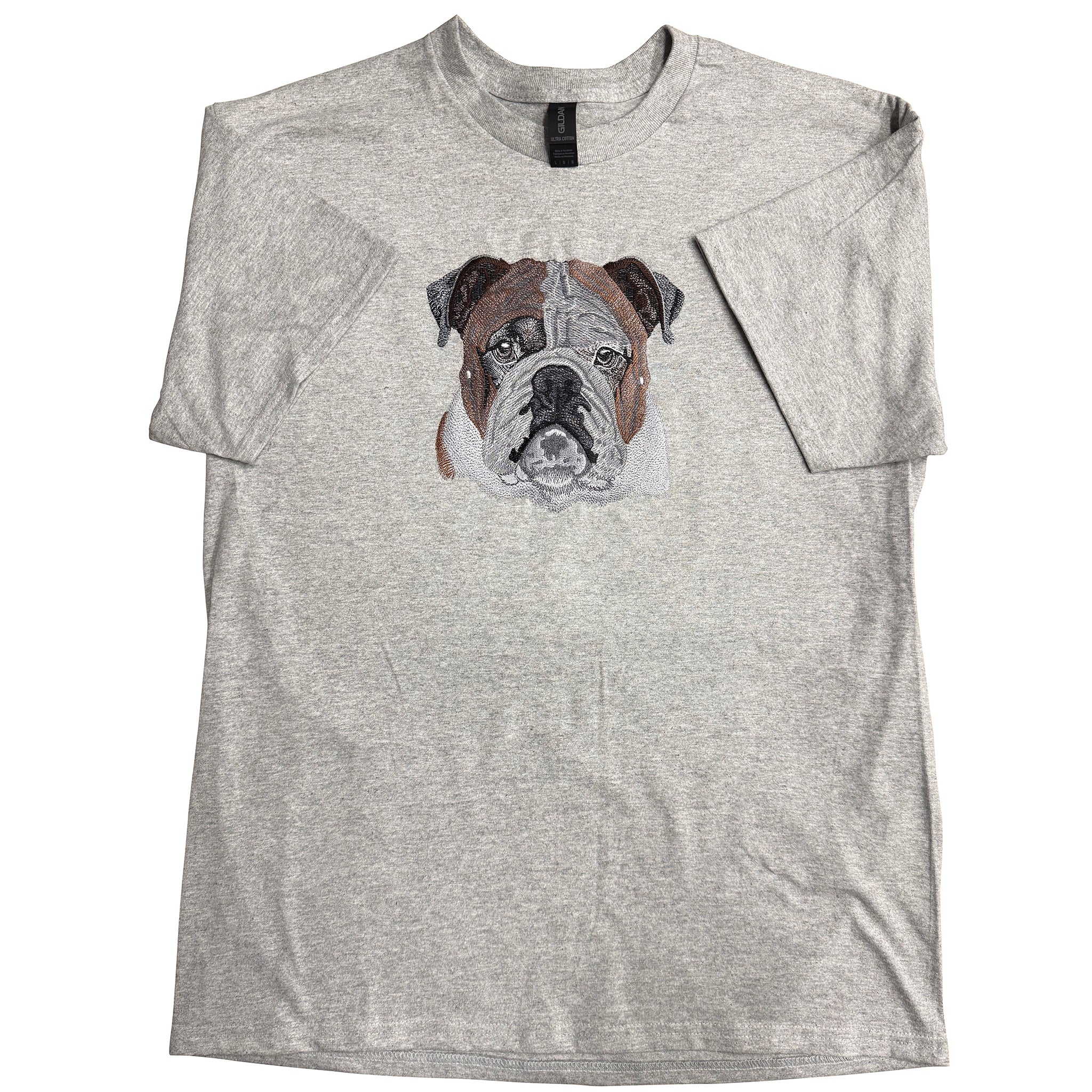 Gray t-shirt with a bulldog graphic on a white background