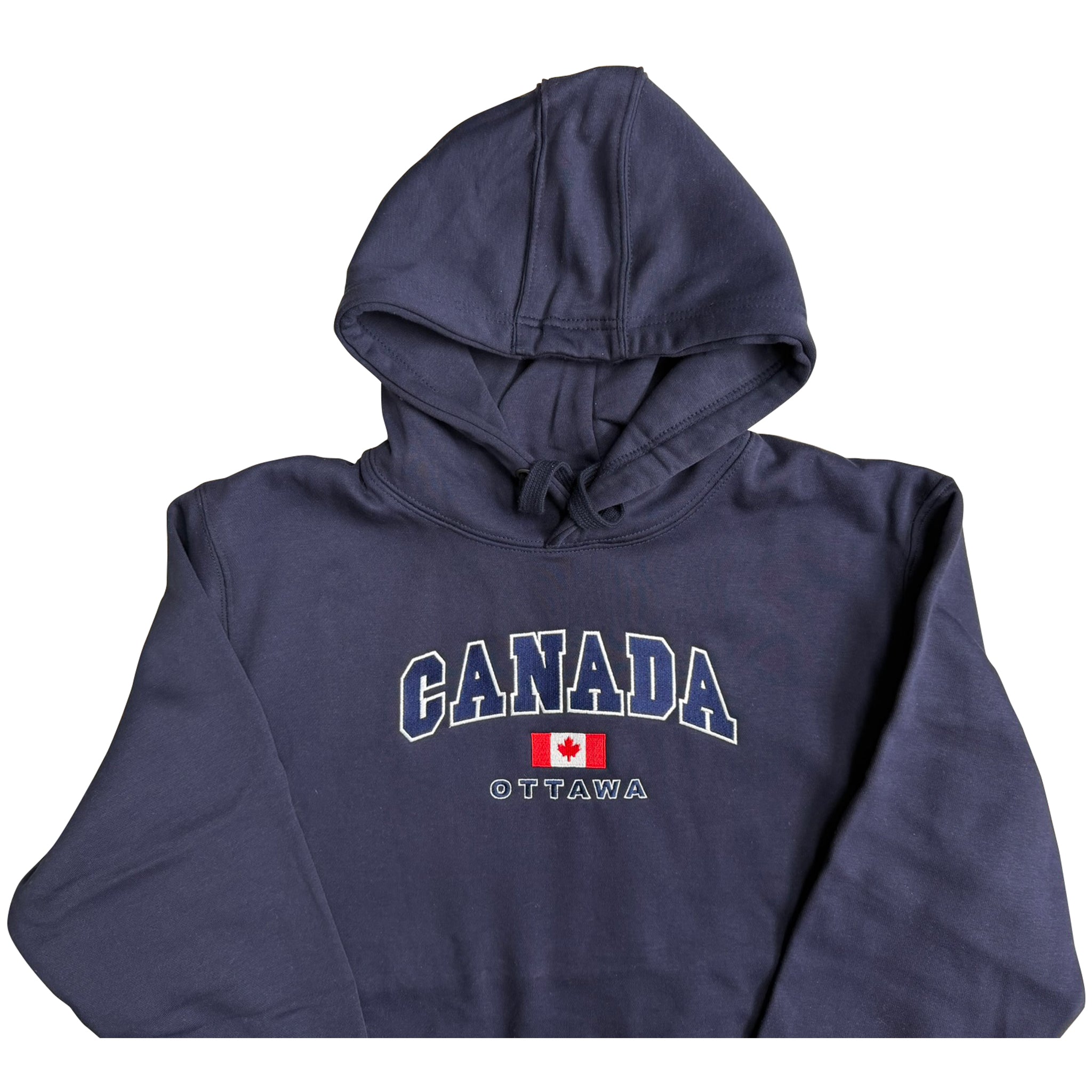Navy blue hoodie with 'Canada Ottawa' text and Canadian flag on a white background