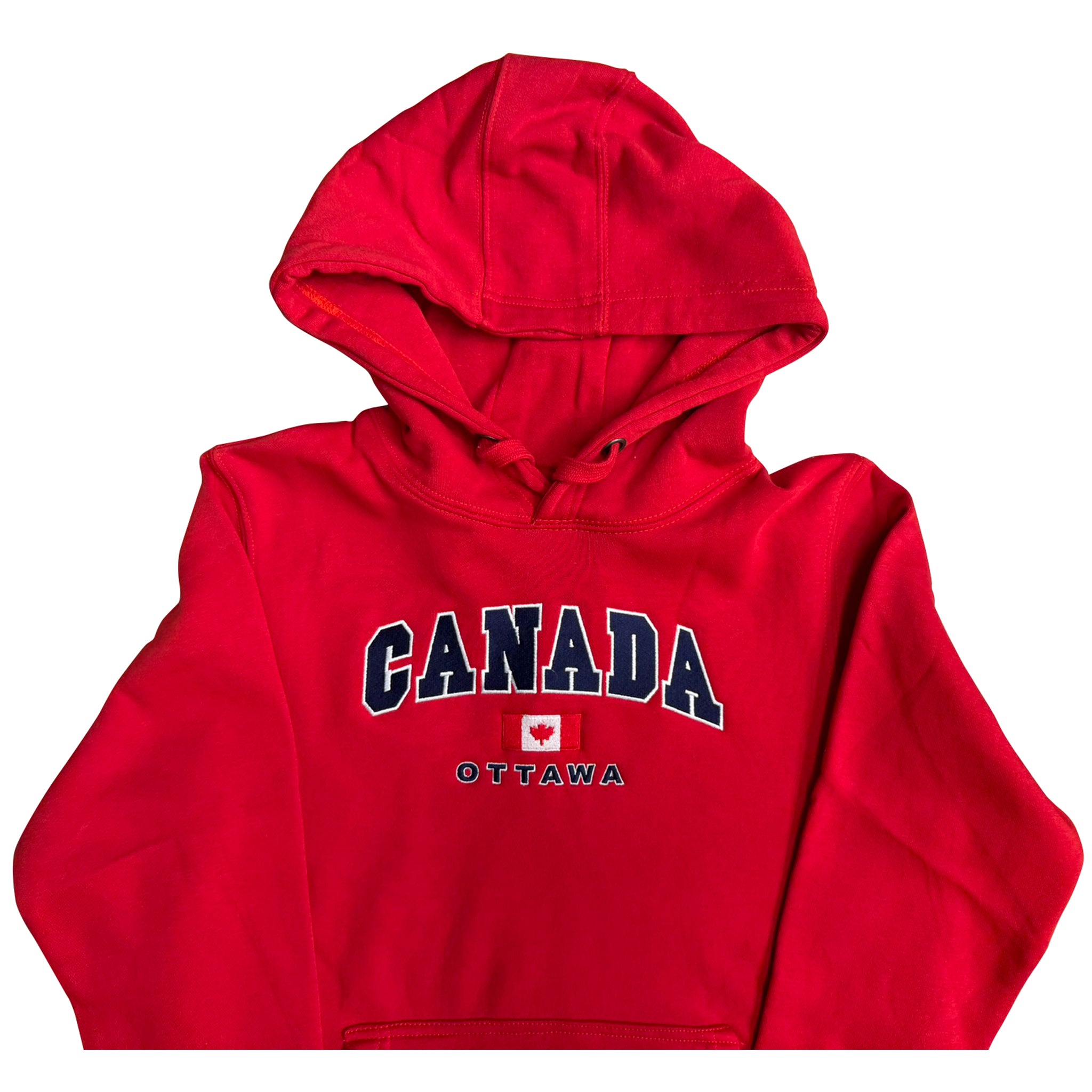 Red hoodie with 'Canada Ottawa' text on a white background