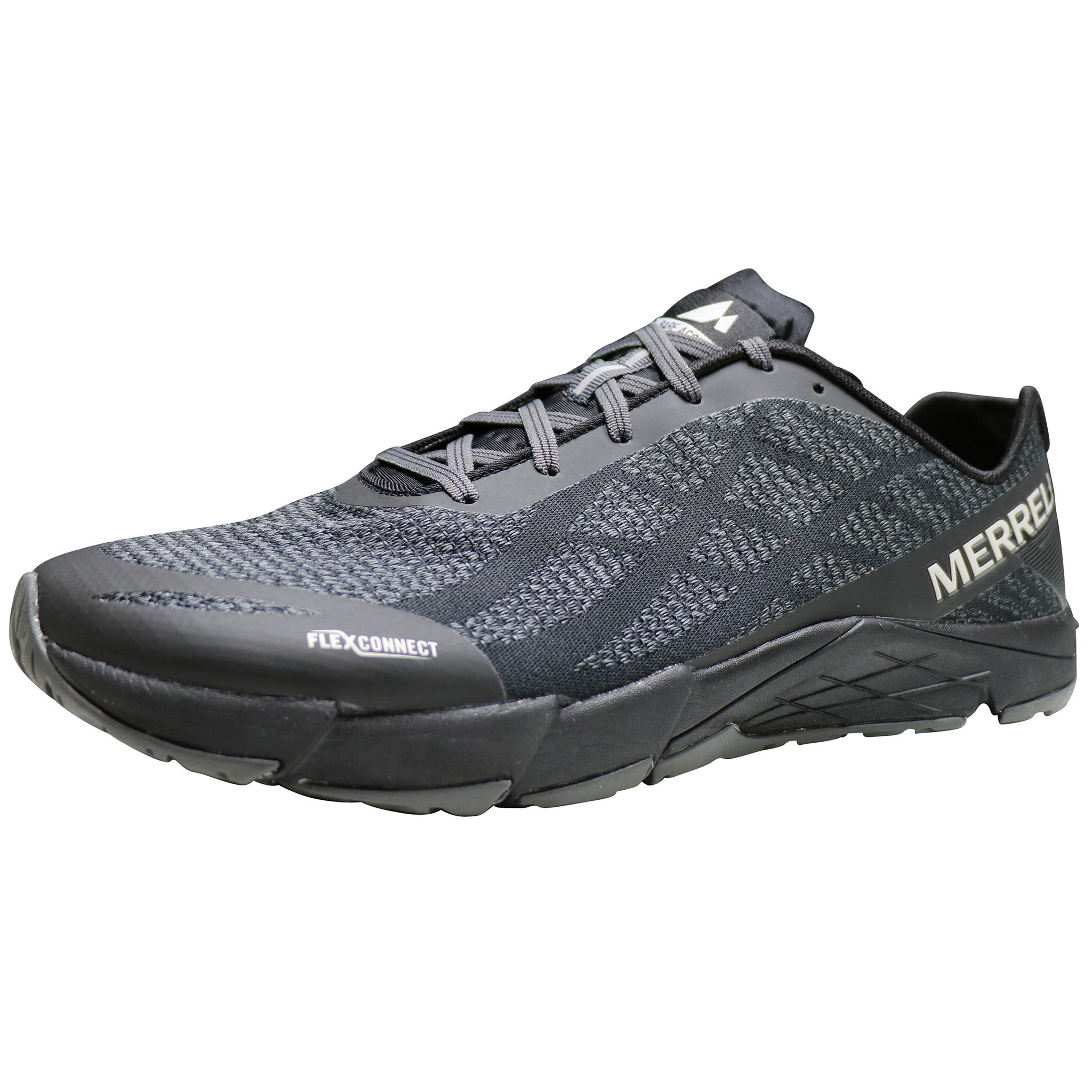 Black running shoe with 'Merrell' branding on a white background