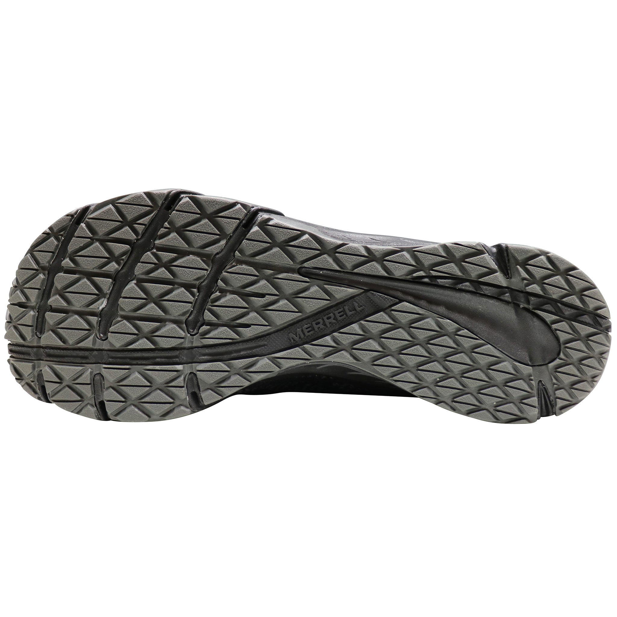 Black athletic shoe sole with tread pattern on a white background