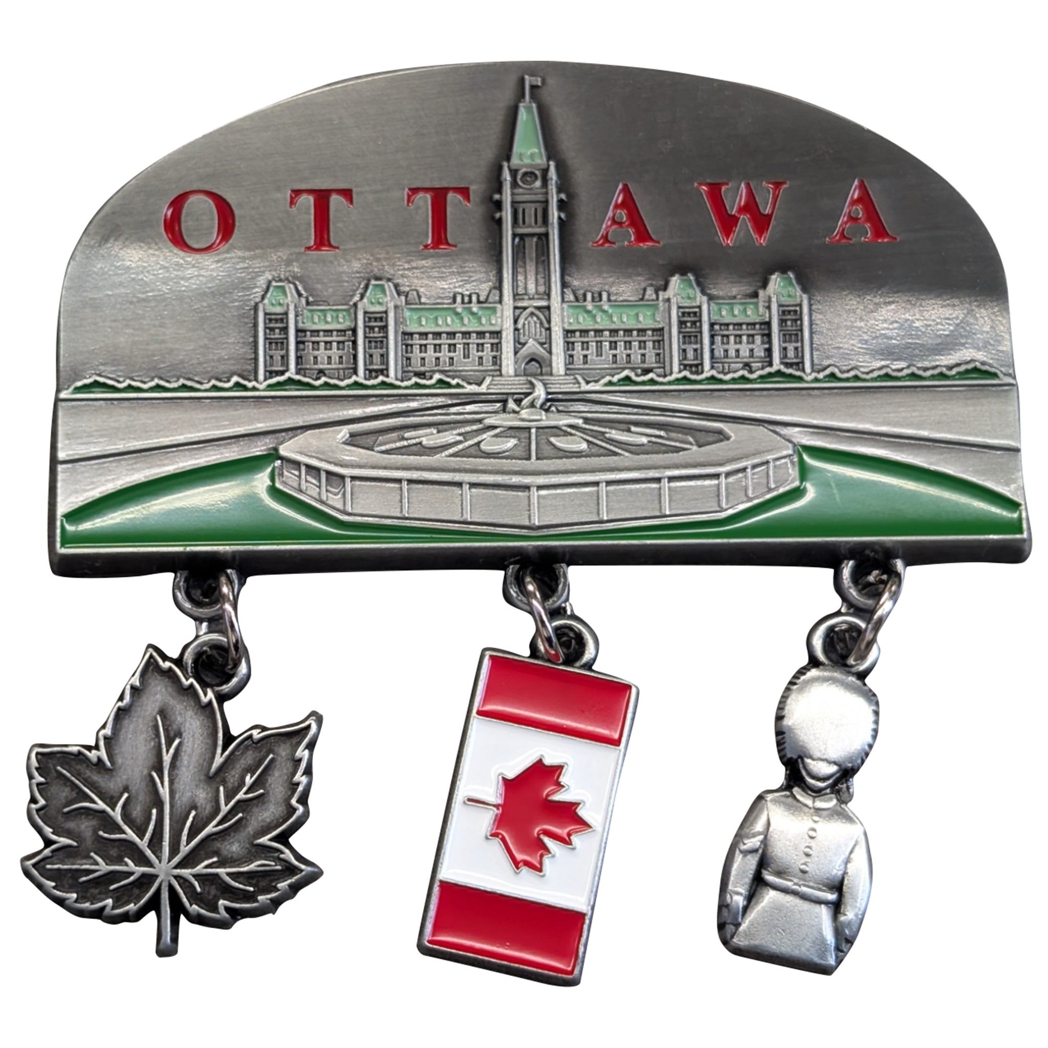 An Ottawa-themed metal charm brooch featuring the cityscape and 'OTTAWA' text, with three dangling charms: a maple leaf, a Canadian flag, and a police officer figure, all on a white background.
