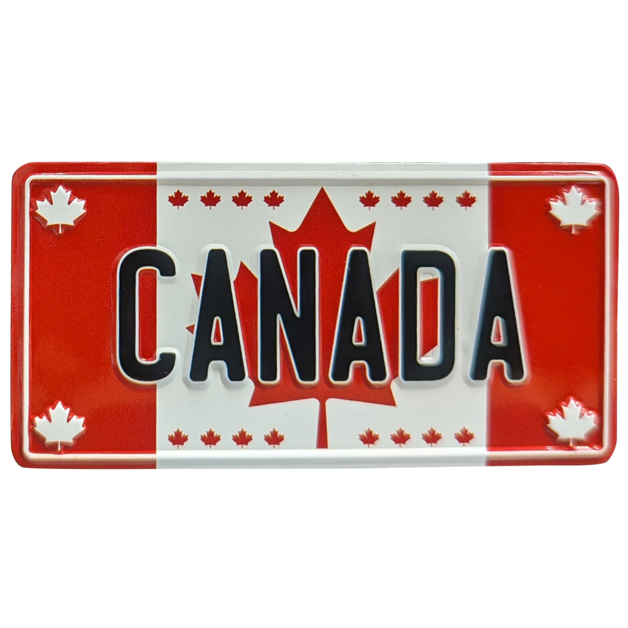 A novelty license plate featuring the word 'CANADA' in bold black letters over a red and white Canadian flag design with maple leaf details.