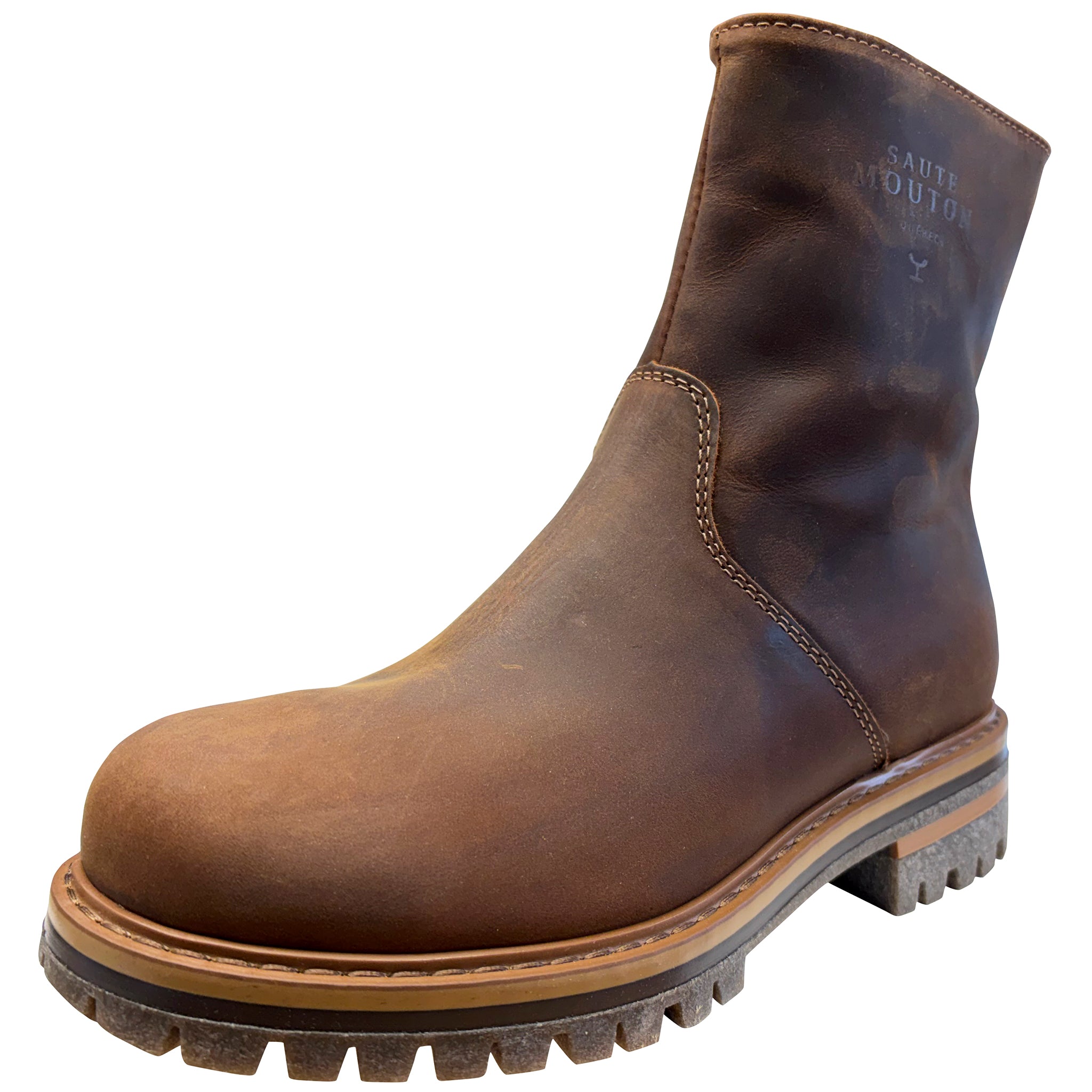Brown leather boot with a rugged sole on a white background