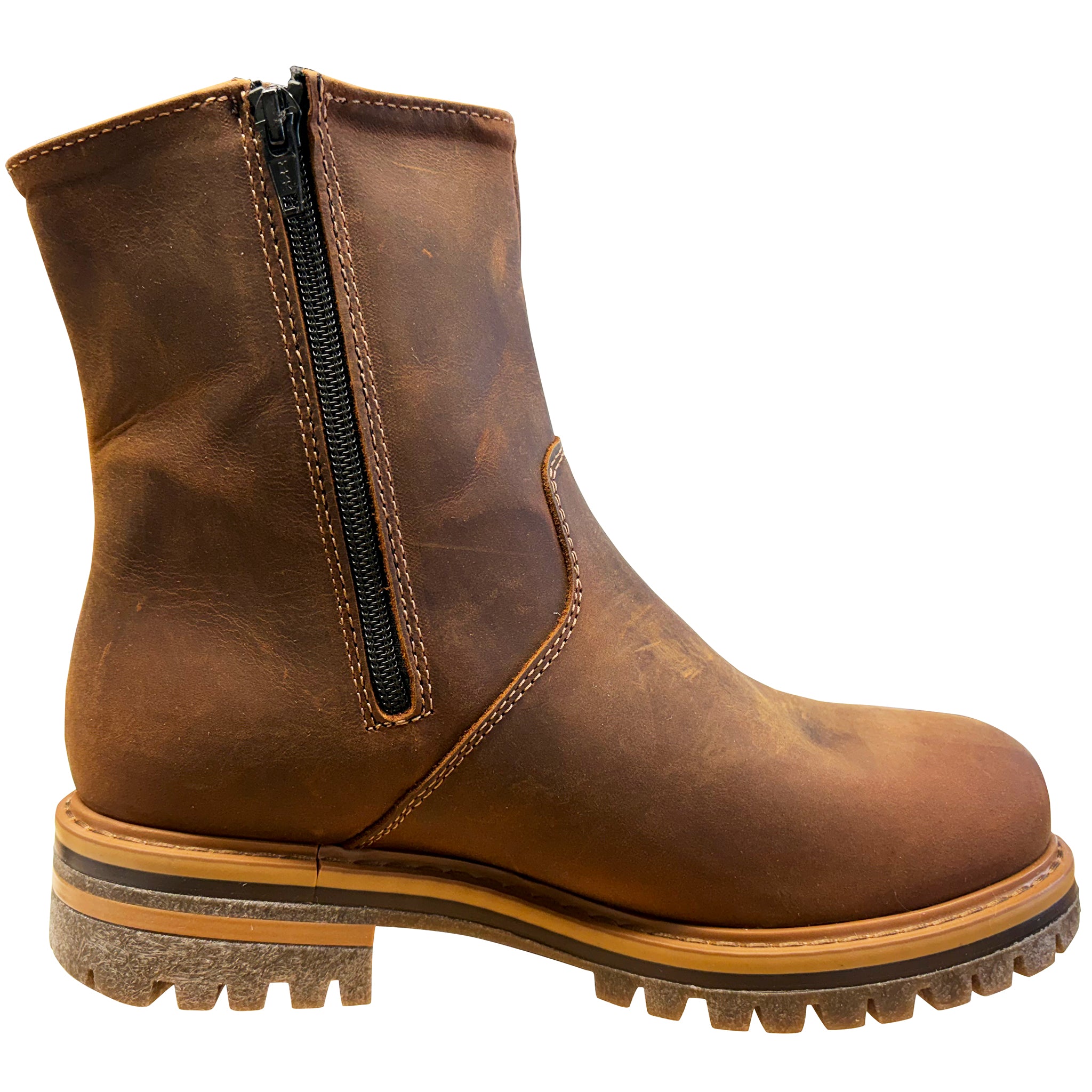 Brown leather boot with a zipper on a white background