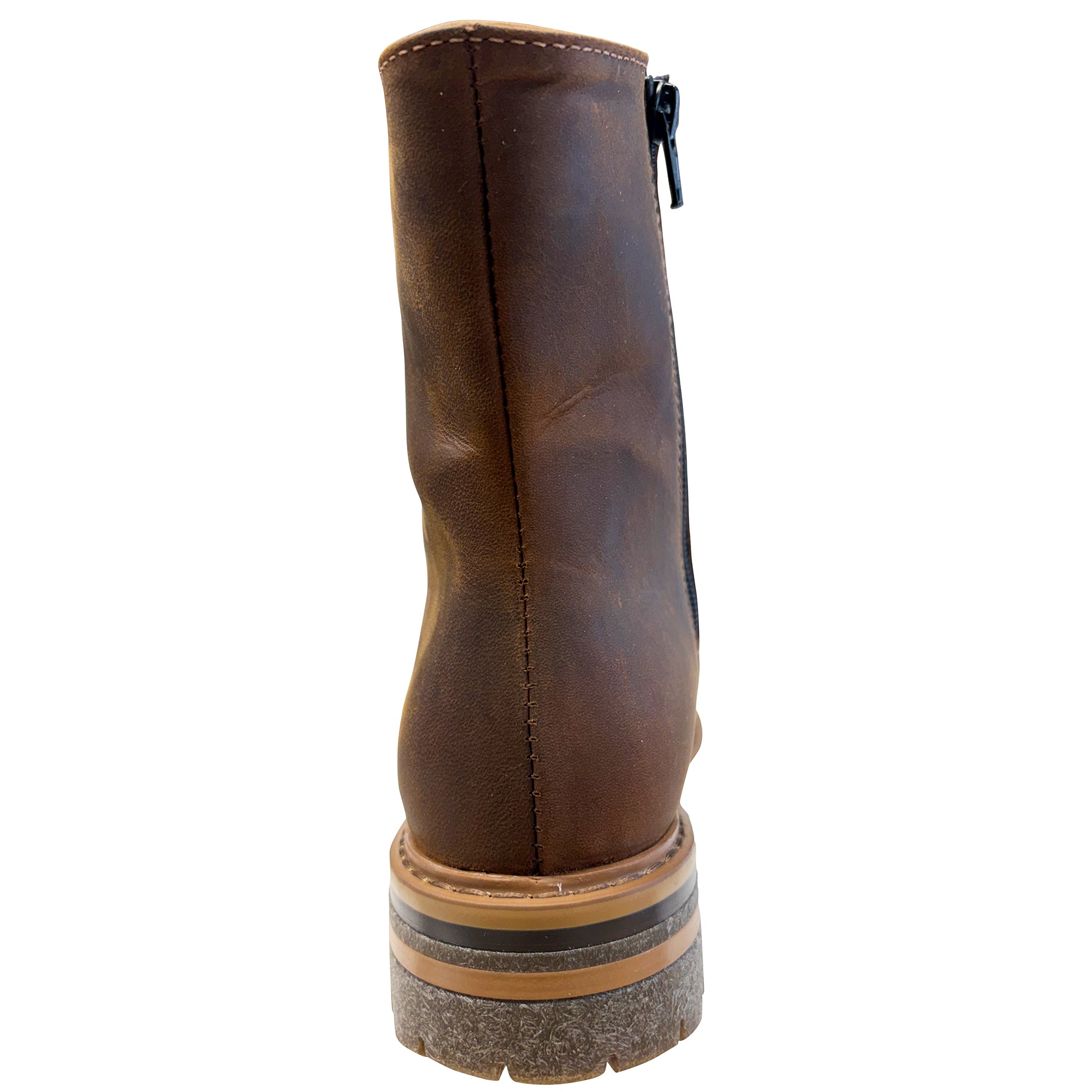 Brown leather boot with a white background