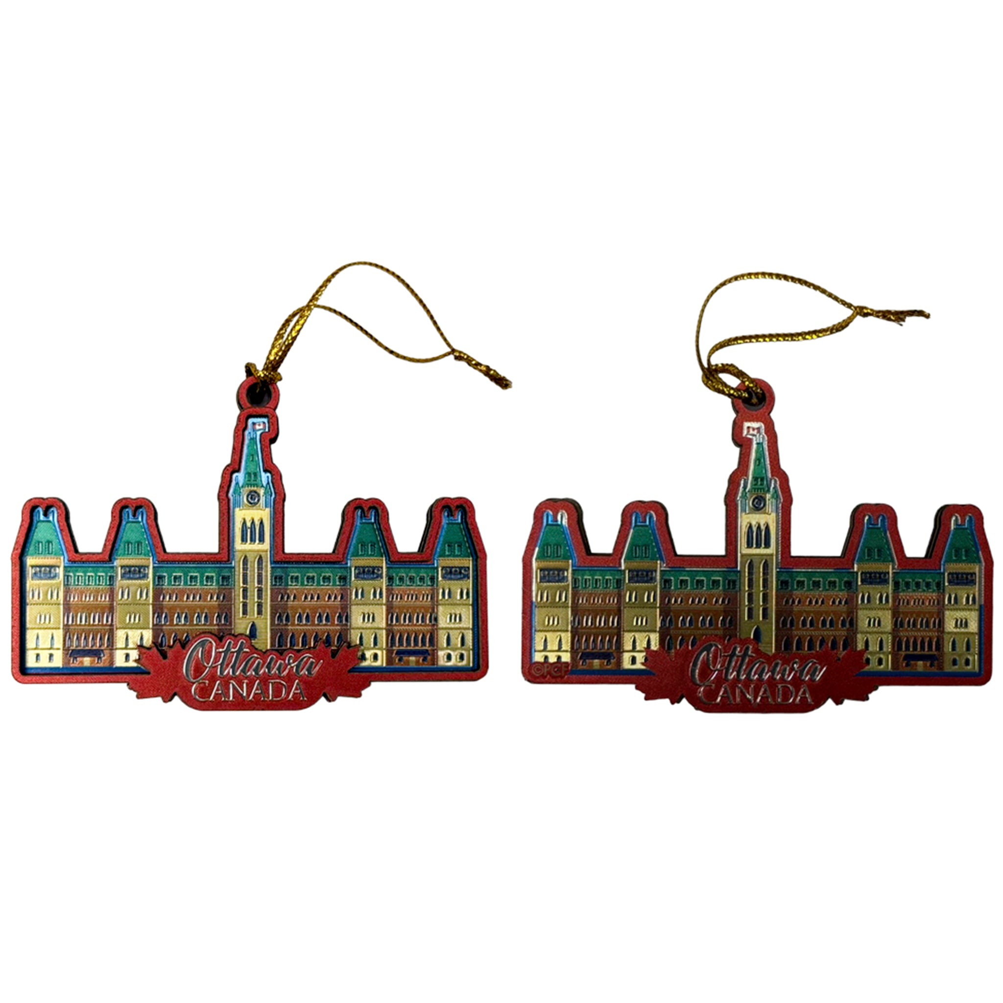 Two identical Ottawa Canada skyline ornaments shown side by side on a plain white background. Each ornament is shaped like the Parliament Building with a gold hanging string at the top and a red base featuring the words 'Ottawa Canada' in white script.