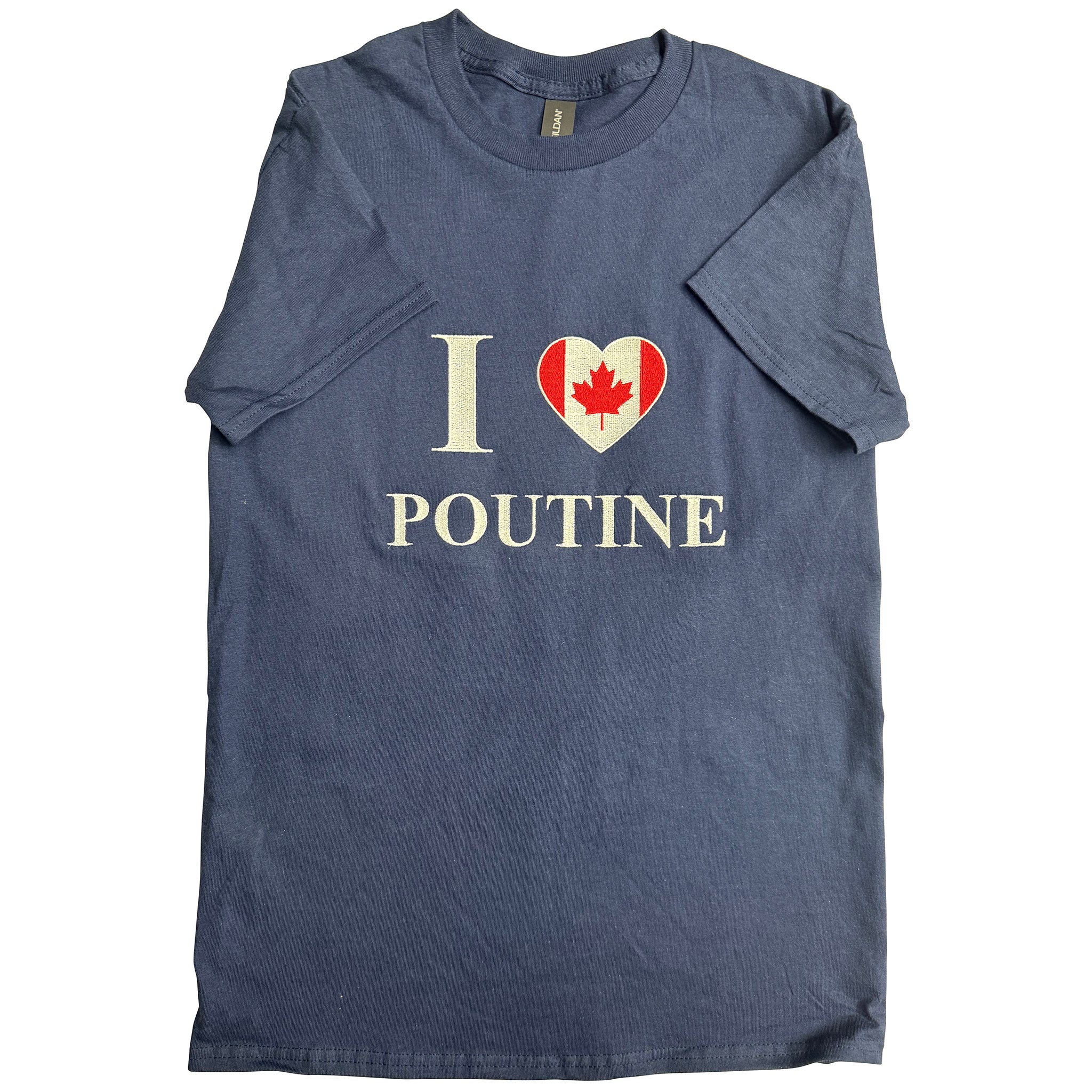 Blue sleeveless shirt with 'I ❤️ Poutine' text and heart-shaped maple leaf design on a white background