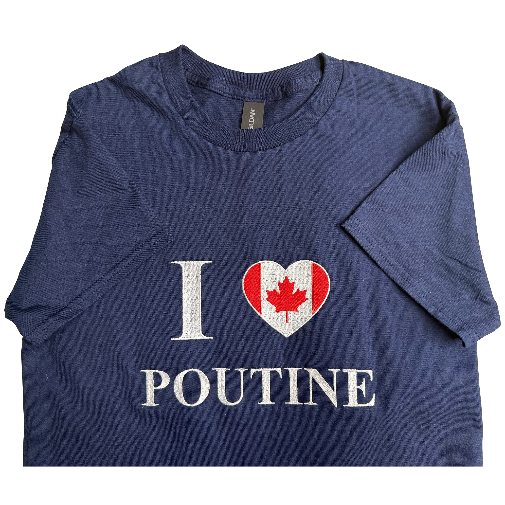 Navy blue t-shirt with 'I ❤️ Poutine' design featuring a heart with a maple leaf on a white background.